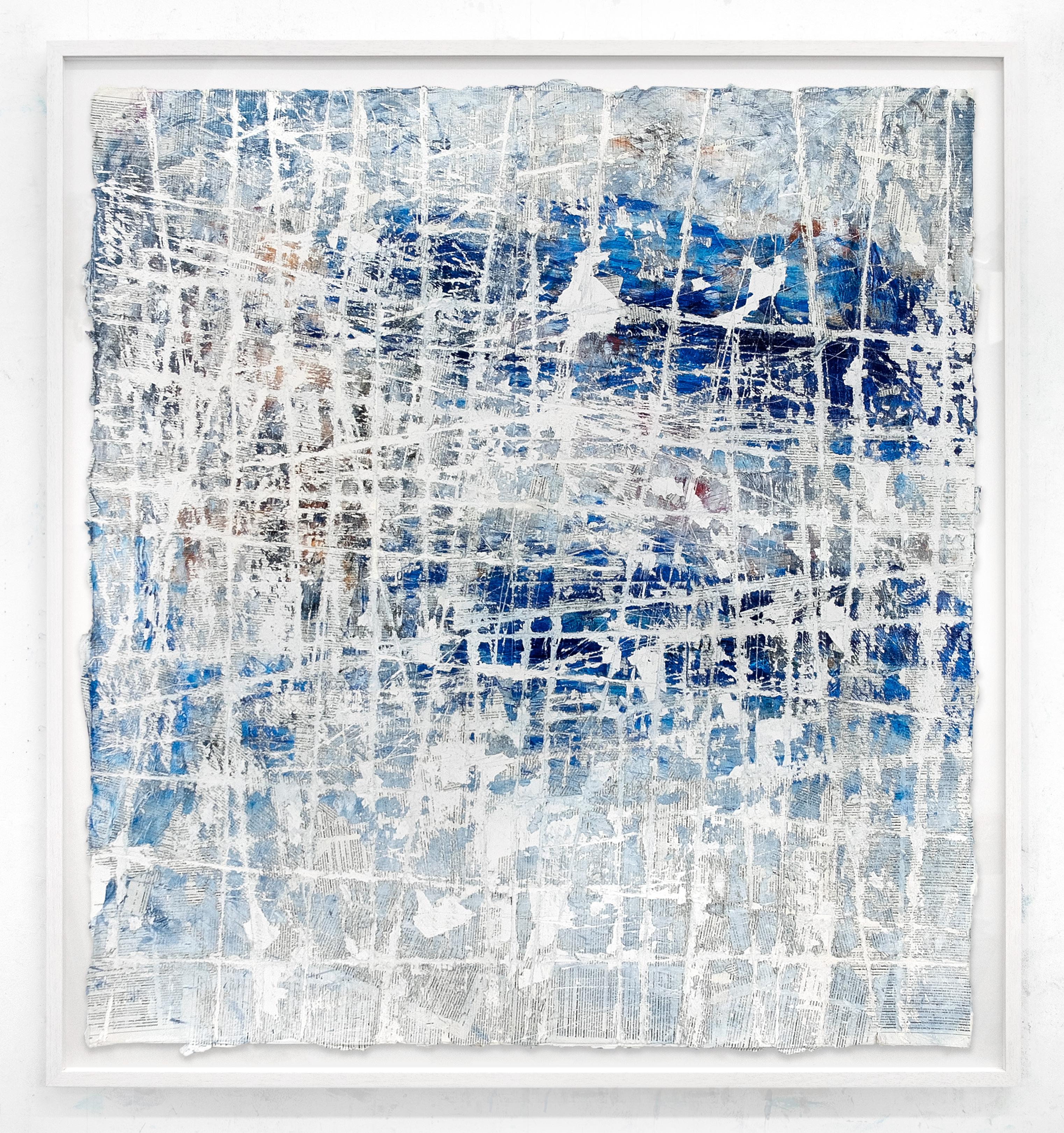 David Fredrik Moussallem Abstract Painting - The West Side- street art blue and white abstract painting on paper framed