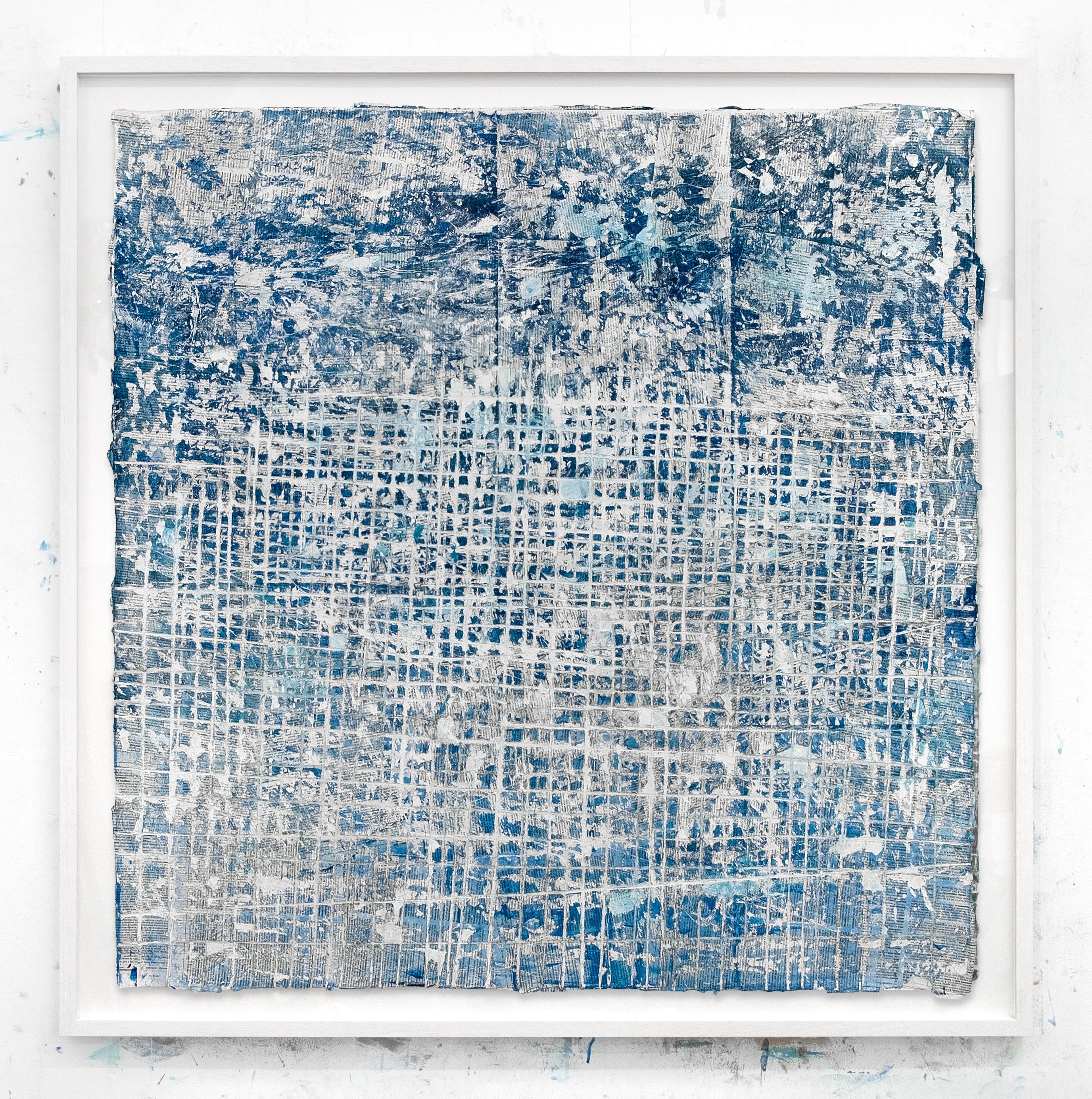 David Fredrik Moussallem Abstract Painting – „What a Way to Go“ – Straßenkunst, blau-weißes abstraktes Gemälde auf Papier, gerahmt