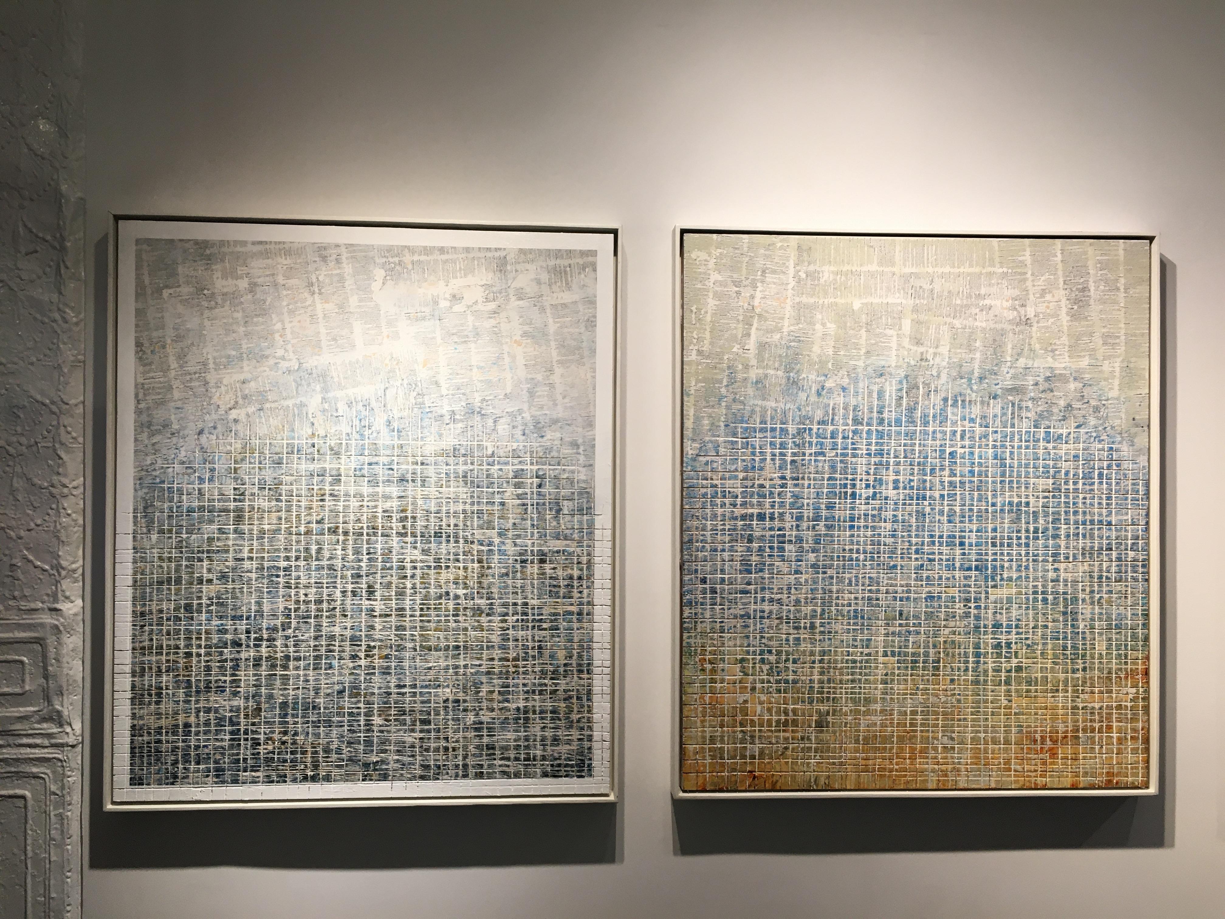 Dove sei stato - Quadro astratto incorniciato di street art in bianco e blu in vendita 1