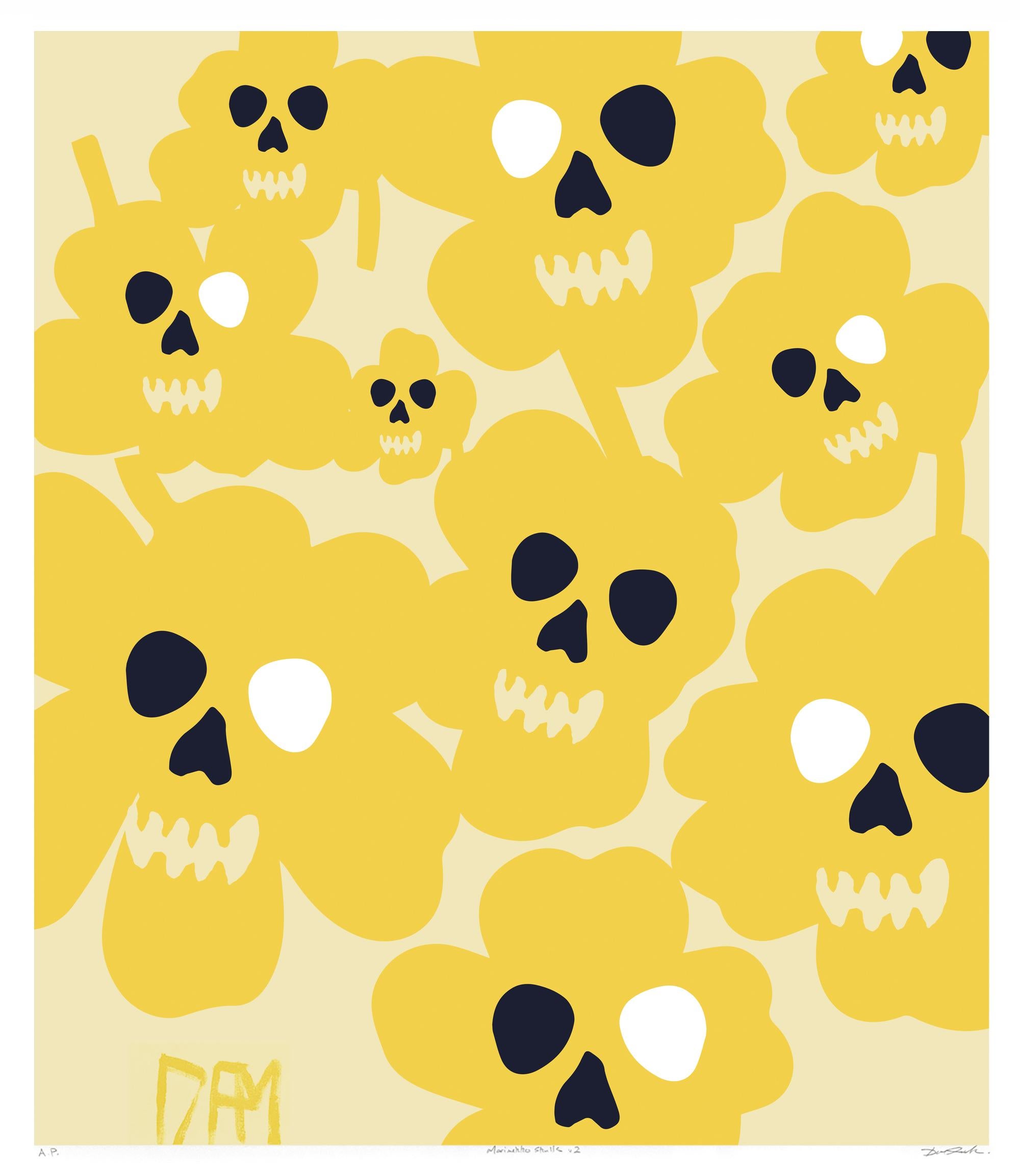 David Fredrik Moussallem Abstract Print - Marimekko flower skulls - street art pop art yellow abstract print 
