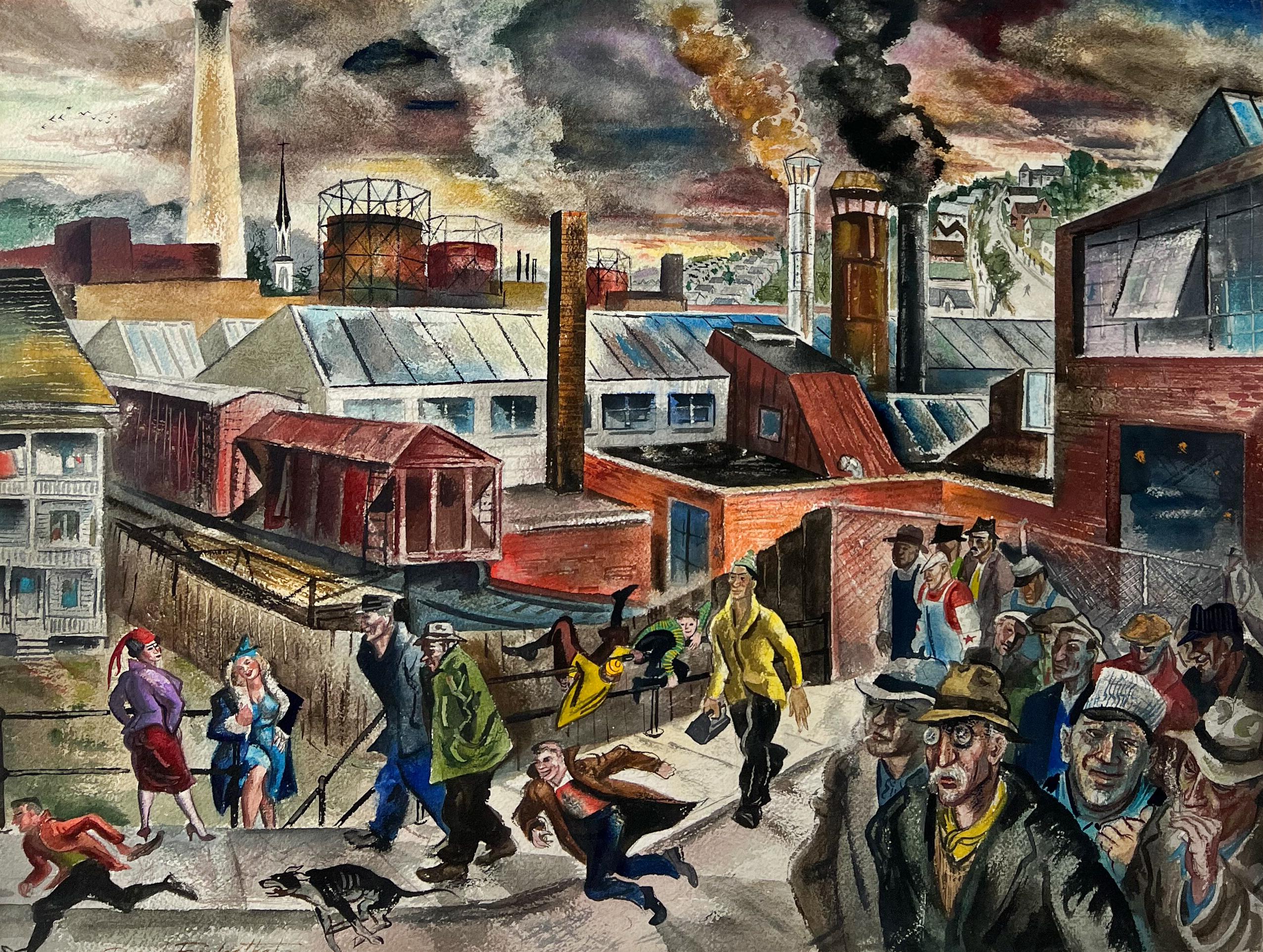 Leaving the Factory- American Scene Watercolor Painting-WPA Painter - Black Landscape Painting by David Friedenthal