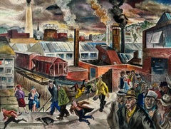 Leaving the Factory- American Scene Watercolor Painting-WPA Painter