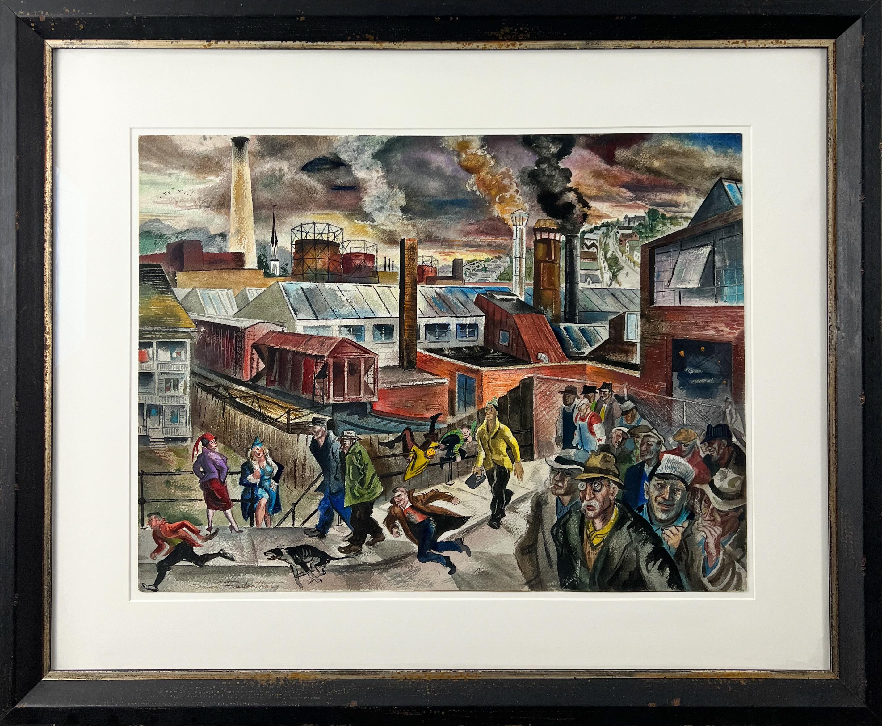 David Friedenthal Landscape Painting - Leaving the Factory- American Scene Watercolor Painting-WPA Painter