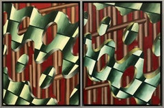  'Saint Helices 61 & 62' Op Art diptych in reds, greens and golds with 3D effect