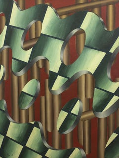 'Saint Helices 62' Op Art in reds, greens and golds with 3D shading