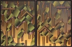 'Saint Helices 65 and 66' Op Art Diptych in green, orange and gold with 3D edges