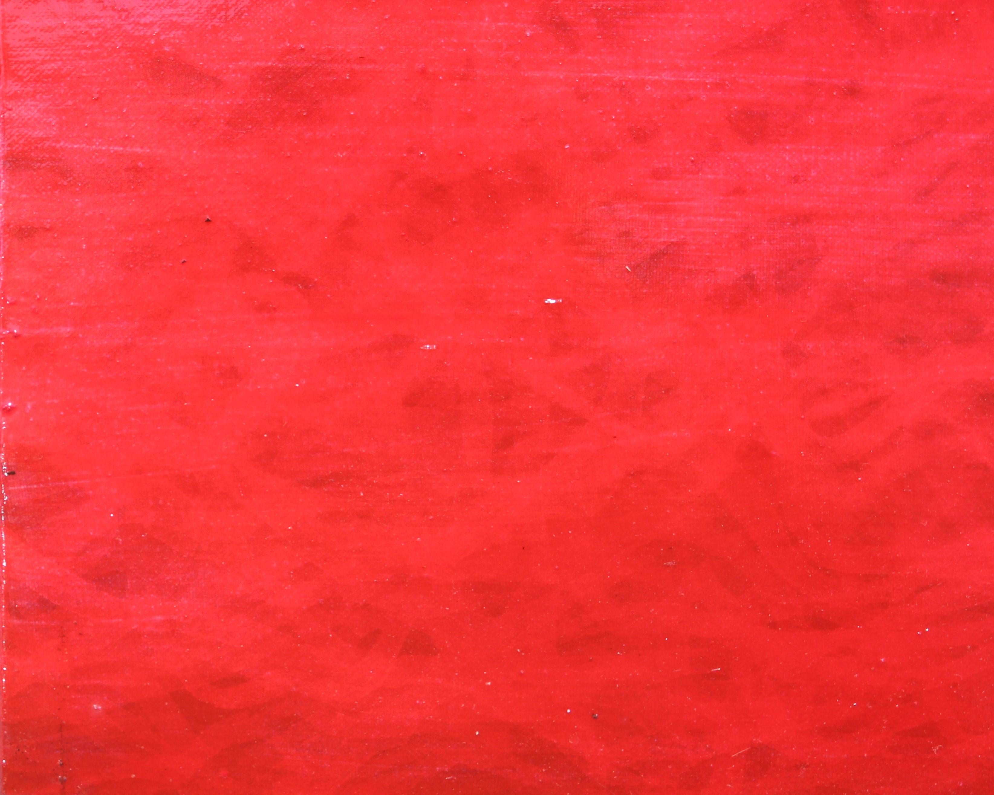 Red abstract color field painting featuring subtle variations that create a dynamic and lively composition. The paint was allowed to extend past the edge of the canvas creating a drip effect along the edge. Currently unframed to showcase the edge.