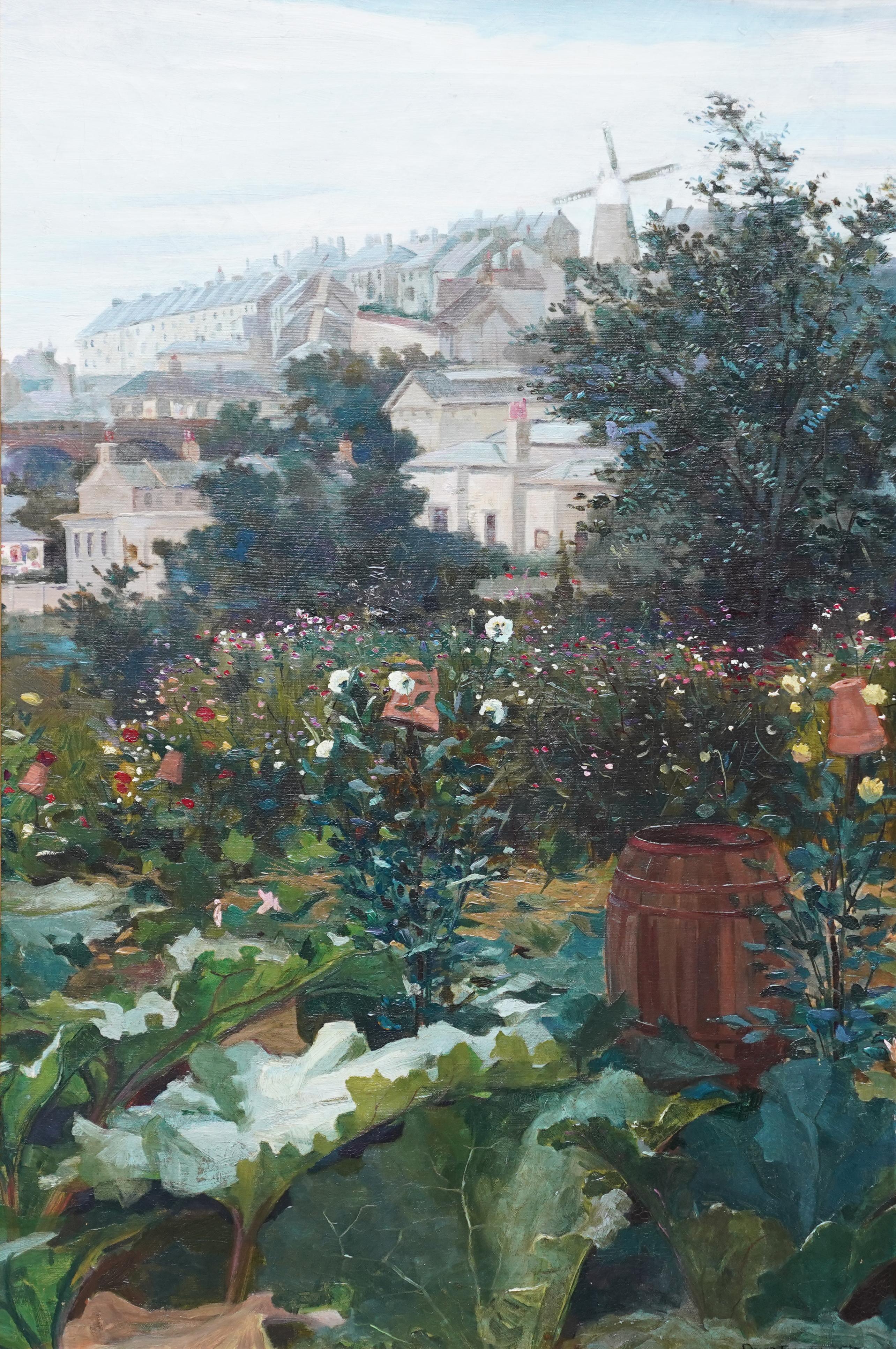 City Garden with Windmill Beyond - Scottish 19th century landscape oil painting - Painting by David Fulton