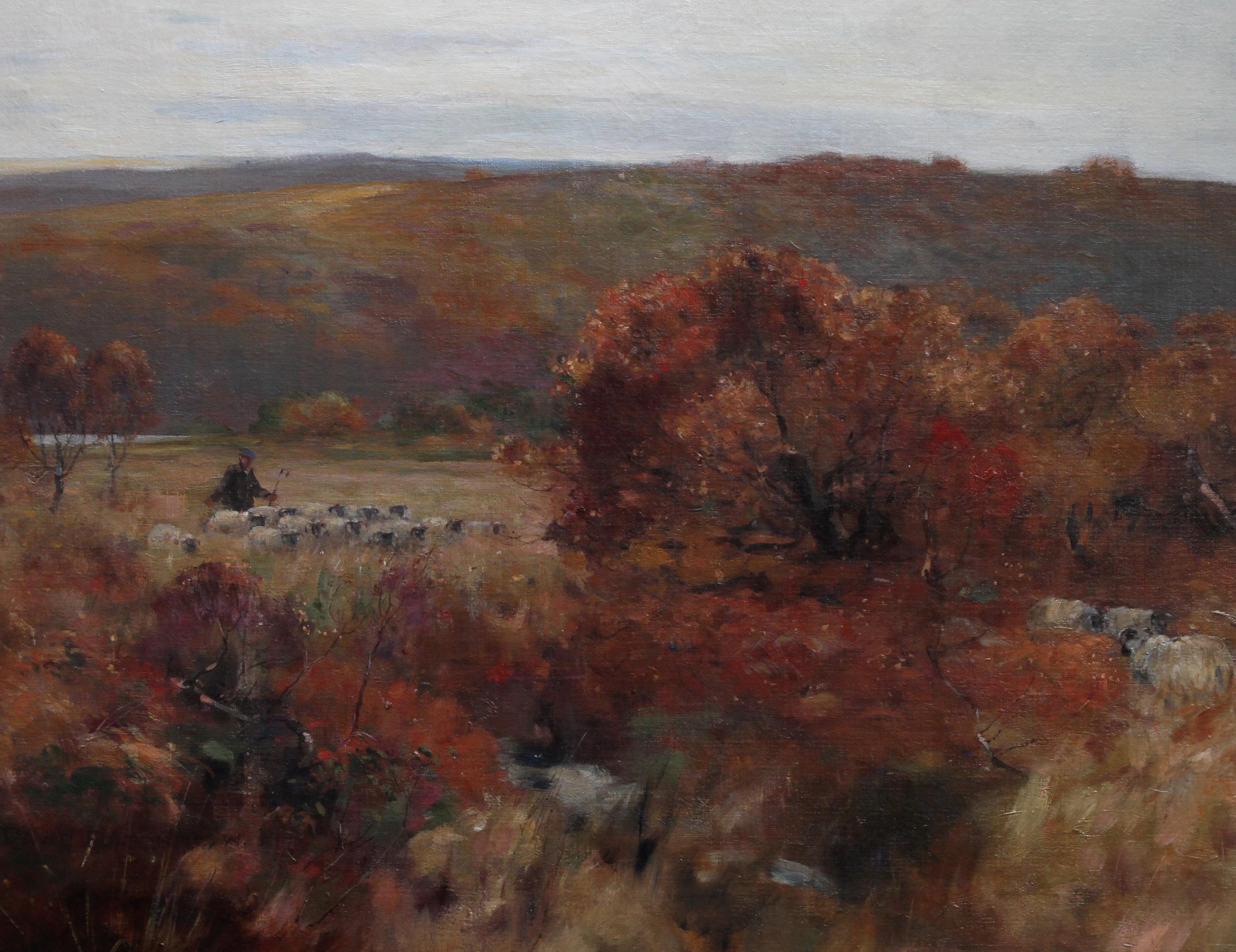 Dieses schöne Ölgemälde einer schottischen impressionistischen Landschaft stammt von dem bekannten Künstler David Fulton RWS. Es wurde um 1900 gemalt und zeigt eine pastorale Landschaft mit einem Schäfer und seiner Herde. Die Palette ist reich an