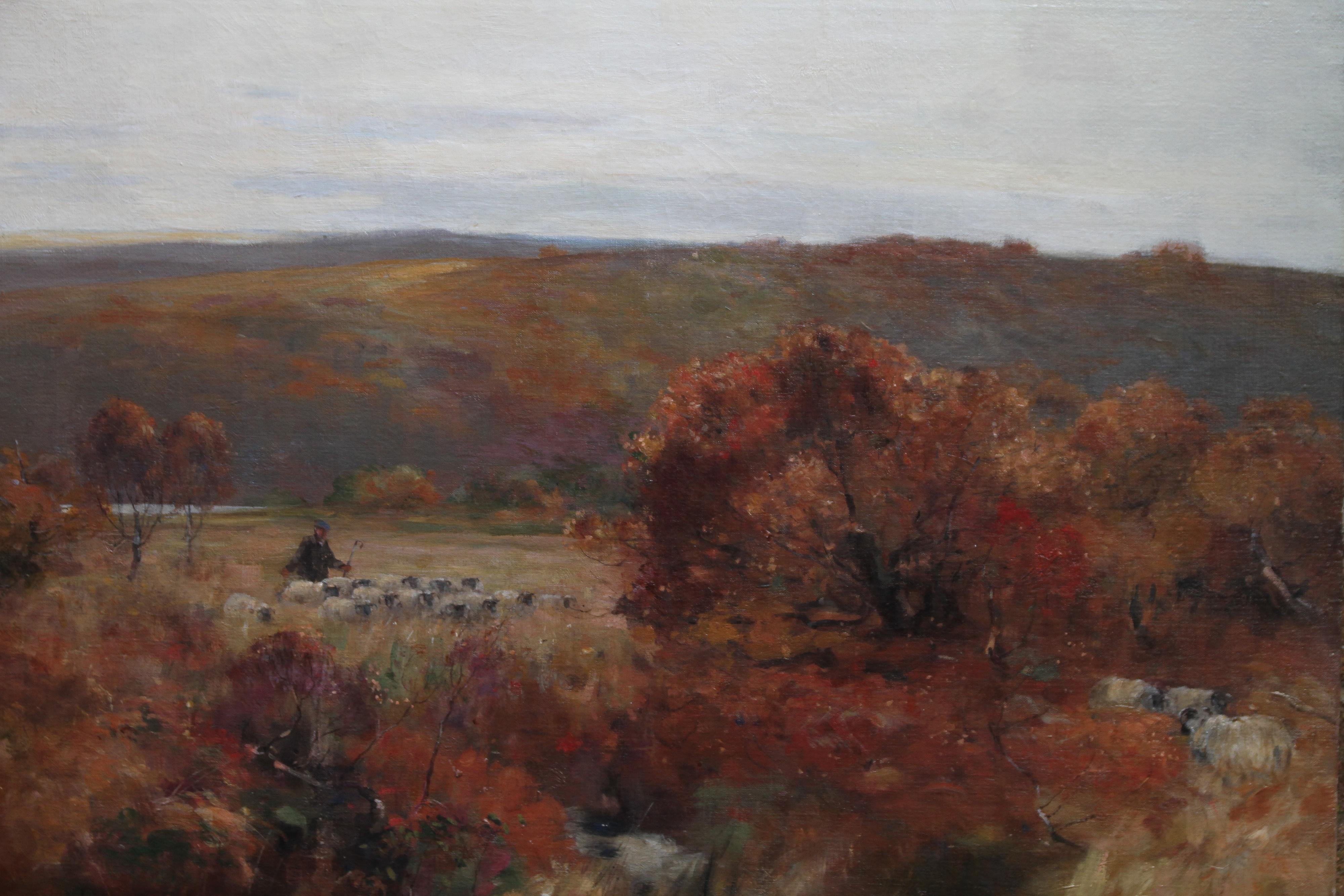 Cette belle peinture à l'huile d'un paysage impressionniste écossais est l'œuvre de l'artiste David Fulton RWS. Peint vers 1900, il s'agit d'un paysage pastoral représentant un berger et son troupeau dans un paysage. La palette est composée de tons