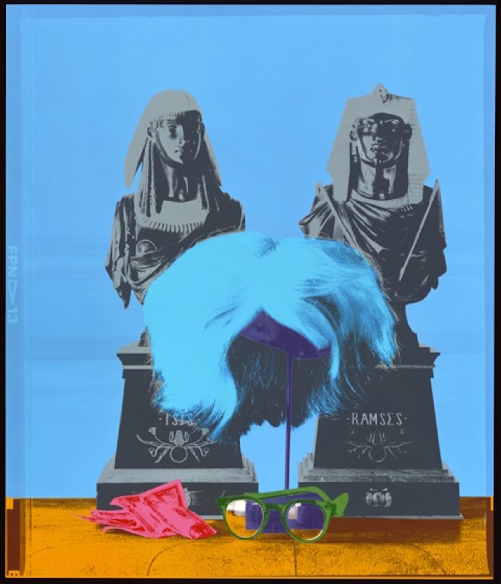 Andy Warhol's Wig and Glasses - Blue 

6x7 format film, NYC 1987 
"Silkscreen" Marilyn Color Series - London 1997

Actual wig and glasses of Andy Warhol, as well as his sculptures of Ramses and Iris.

Available Sizes:

24 x 20 inches
Edition size: