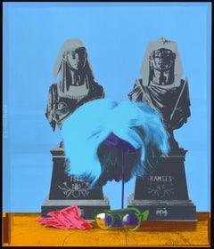 Andy Warhol's Wig, Glasses & Money - Blue Silkscreen by David Gamble - Pop Art