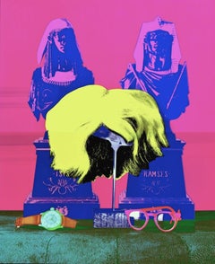 Parrucca, occhiali e orologio di Andy Warhol - Serigrafia rosa di David Gamble - Pop Art