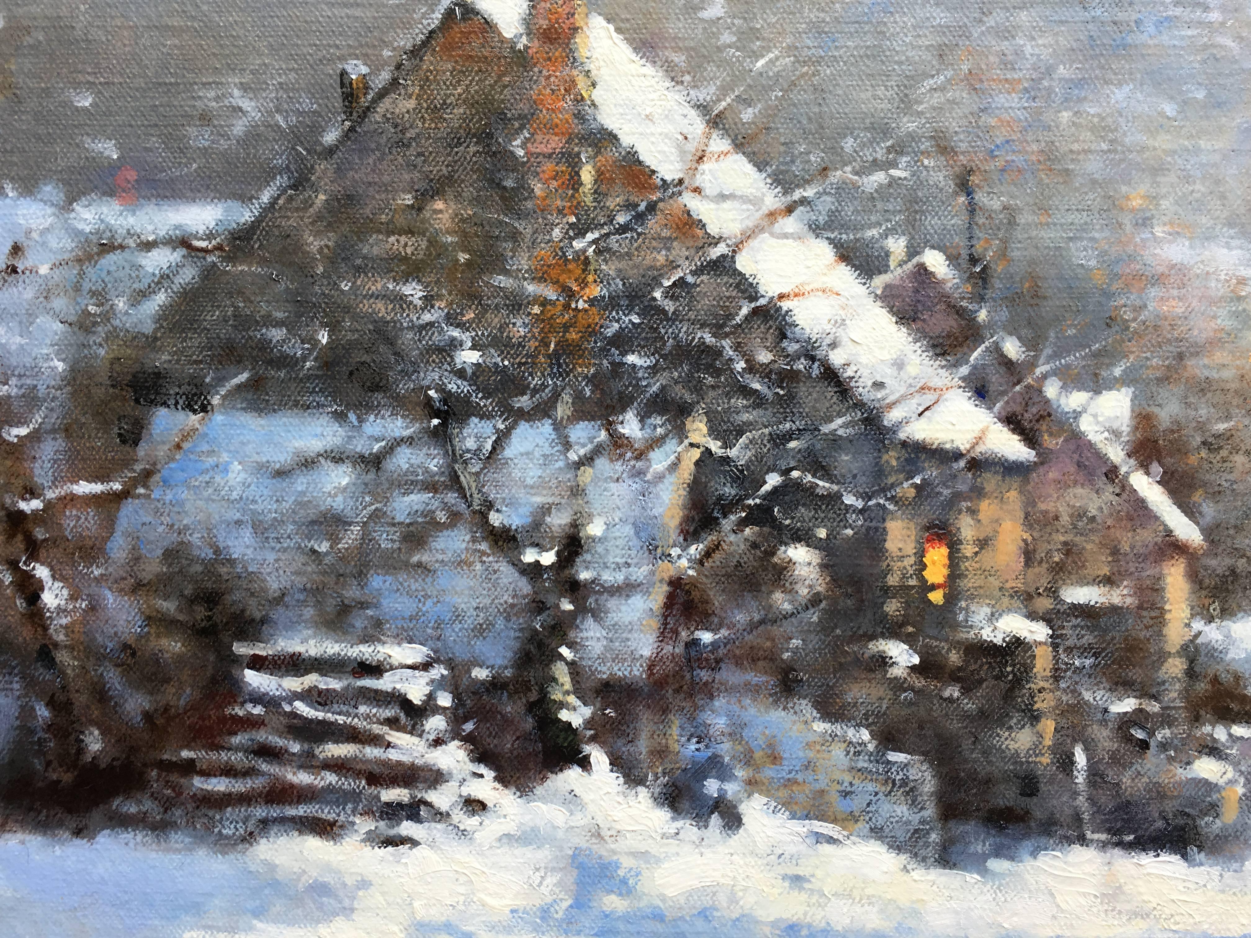 Old farm in winter, French landscape postimpressionist style - Painting by David Garcia