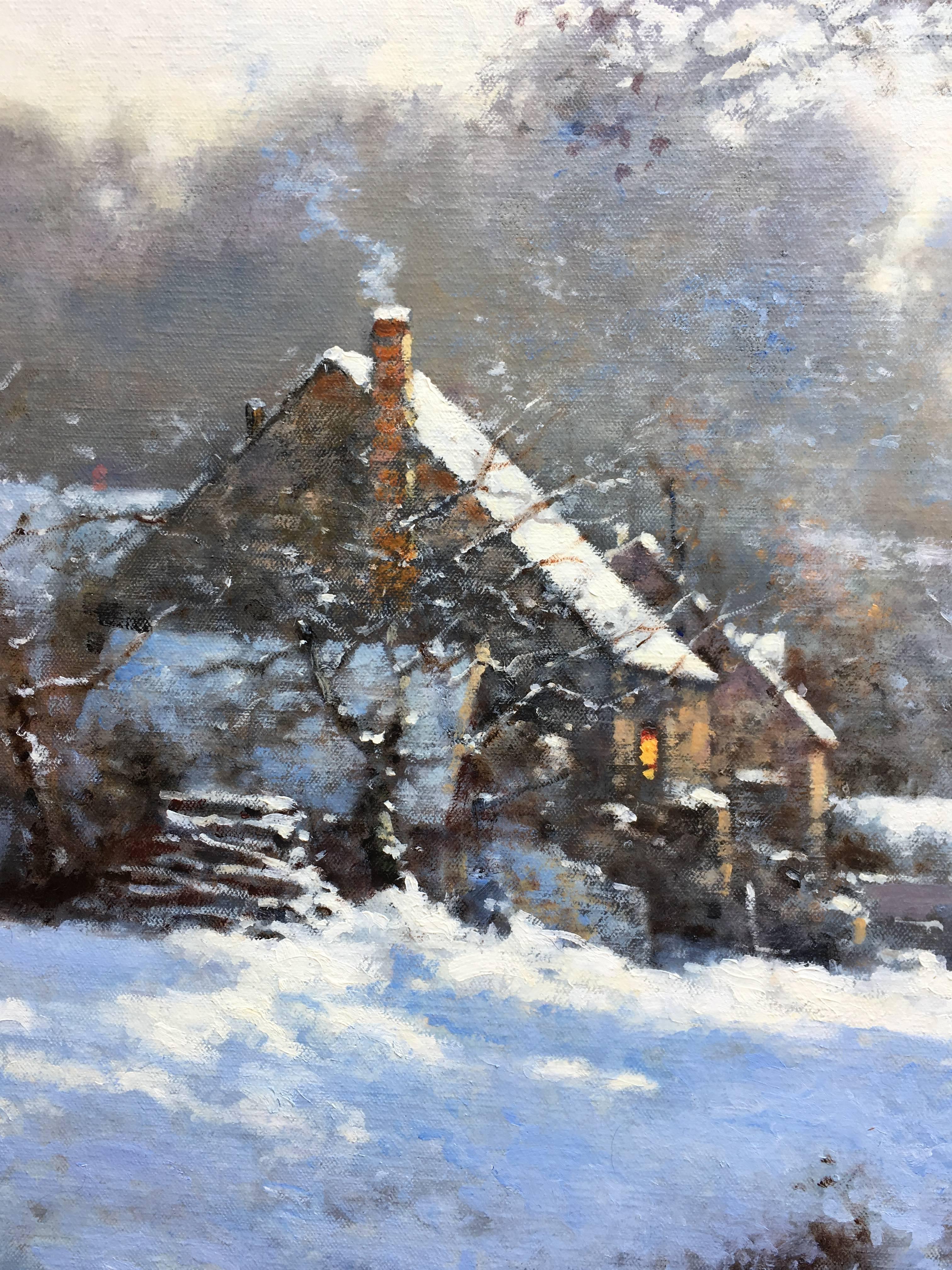 Old farm in winter, French landscape postimpressionist style - Post-Impressionist Painting by David Garcia