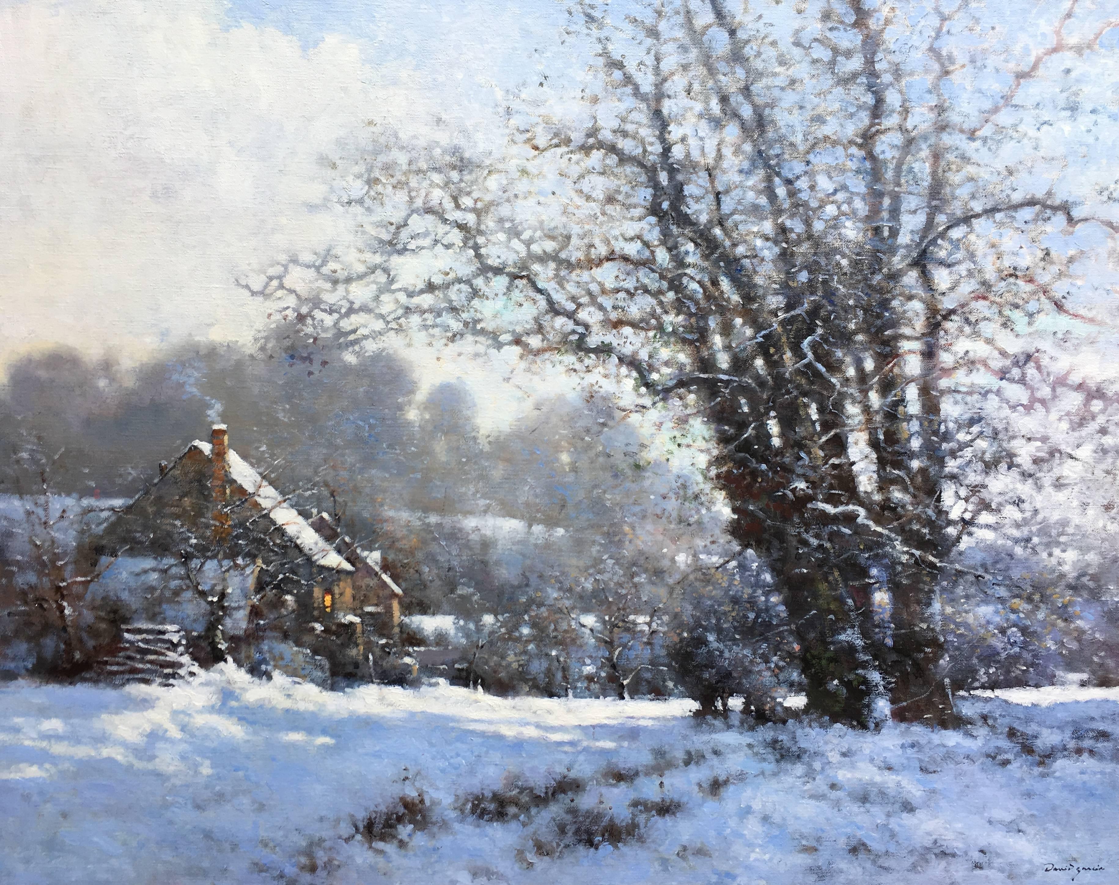 David Garcia Landscape Painting - Old farm in winter, French landscape postimpressionist style