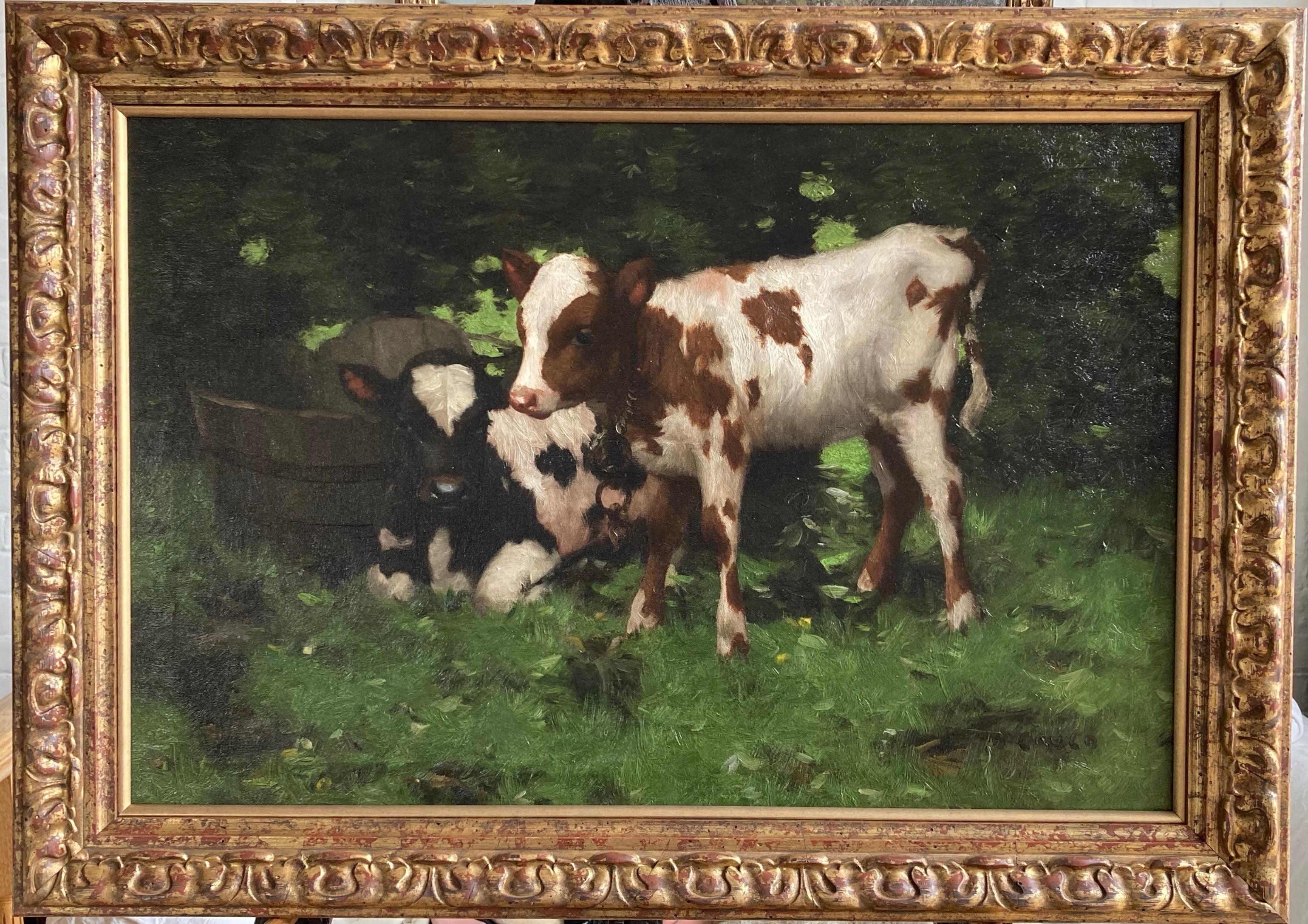 An idyllic scene of Ayrshire calves resting in a shady corner. Beautiful brushstrokes and palette.

David Gauld (1865-1936)
Calves at rest
Signed
Oil on canvas
20 x 30 inches
24½ x 34½ inches including the frame

David Gauld (1865 -1936) was born in
