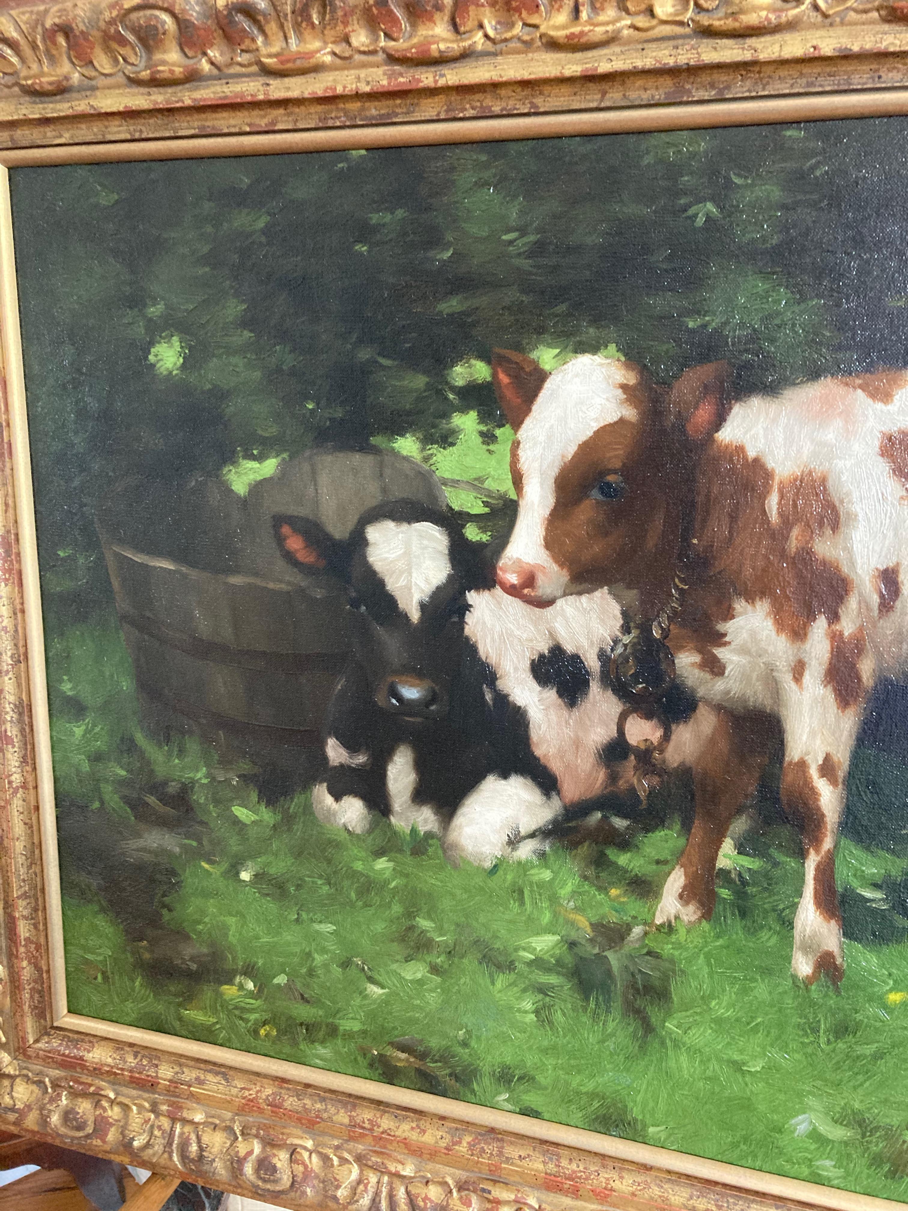 David Gauld, Impressionist scene of Ayrshire calves For Sale 1