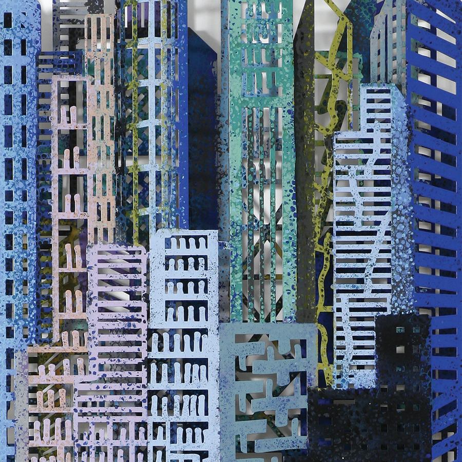 « Smopolis », sculpture murale en métal peinte à la main en 3D - Sculpture de David Gerstein