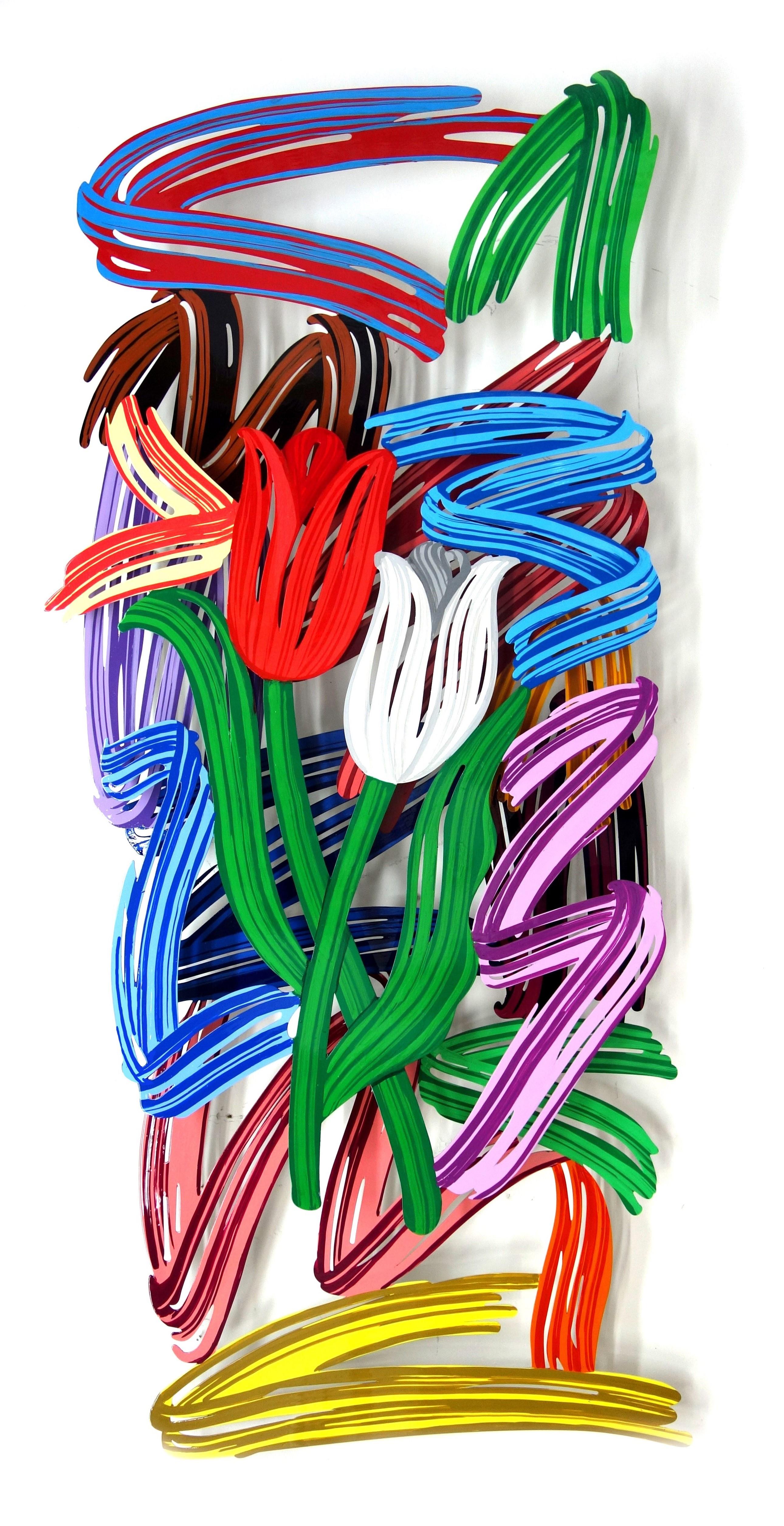 "Tulip Brush Strokes", 3D Hand-painted Metal Wall Sculpture  - Mixed Media Art by David Gerstein