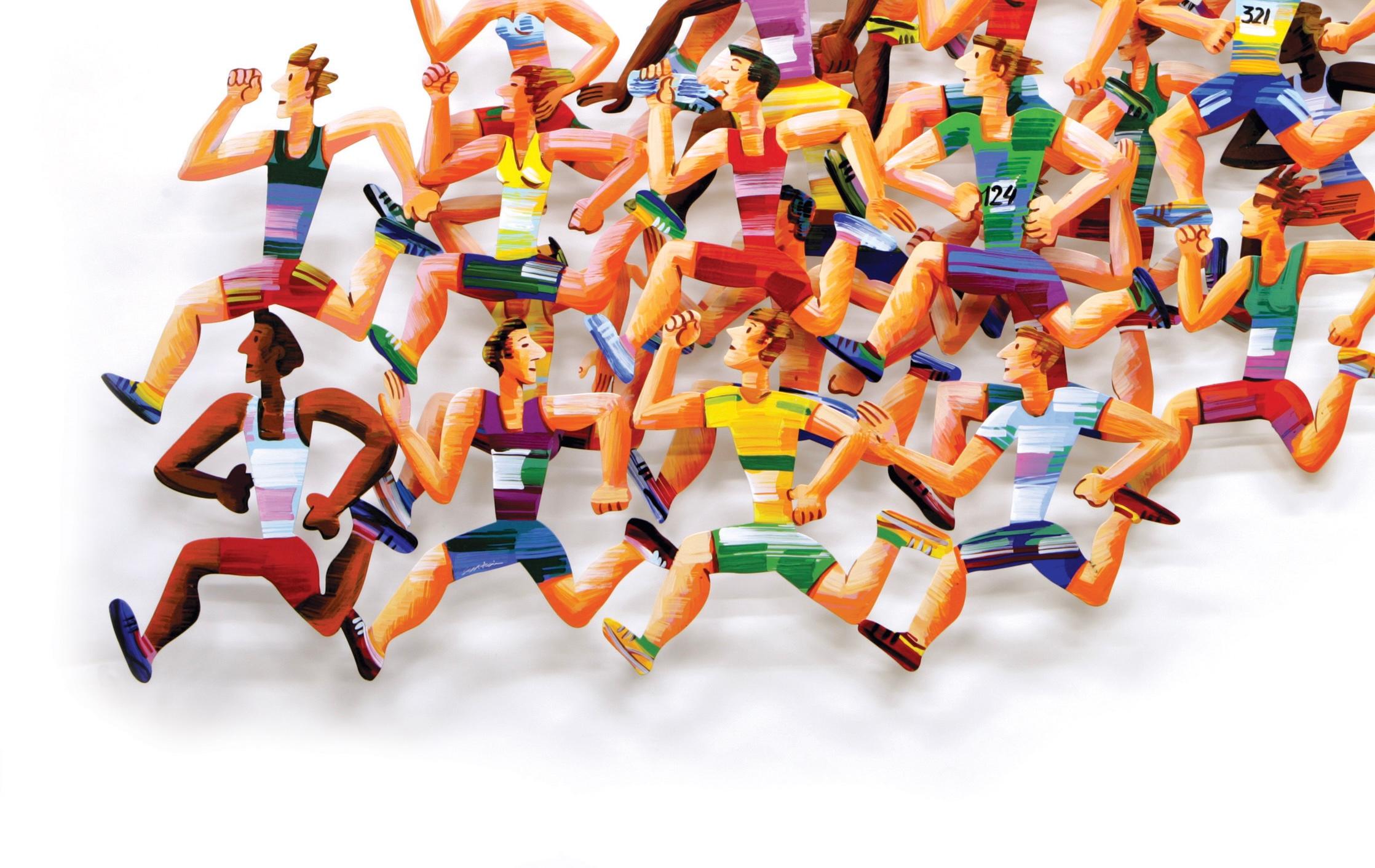 Long distance runners - figurative wall sculpture - Painting by David Gerstein