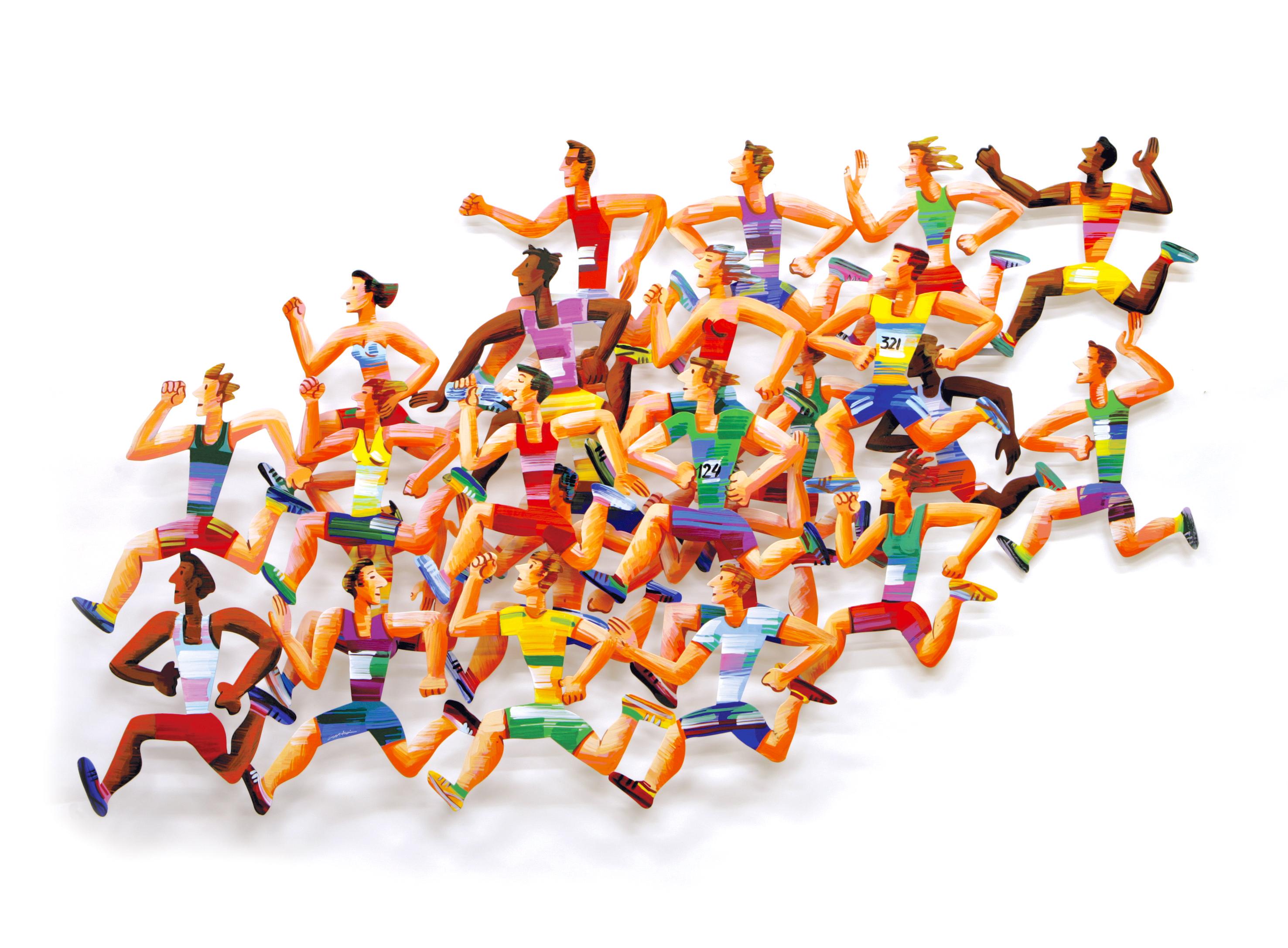 David Gerstein Figurative Painting - Long distance runners - figurative wall sculpture