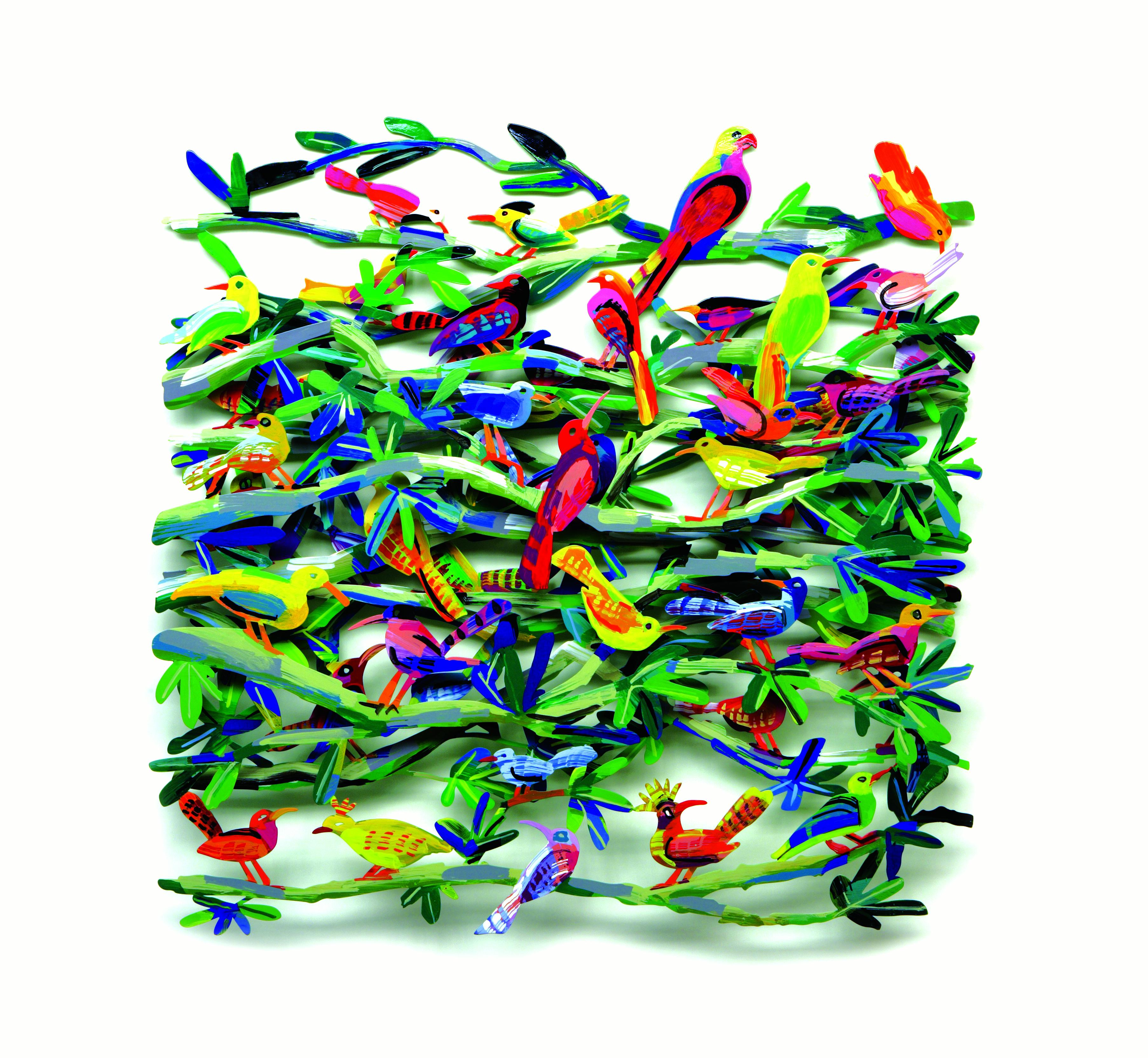 « Oiseaux exotiques », sculpture murale en métal peinte à la main en 3D - Mixed Media Art de David Gerstein