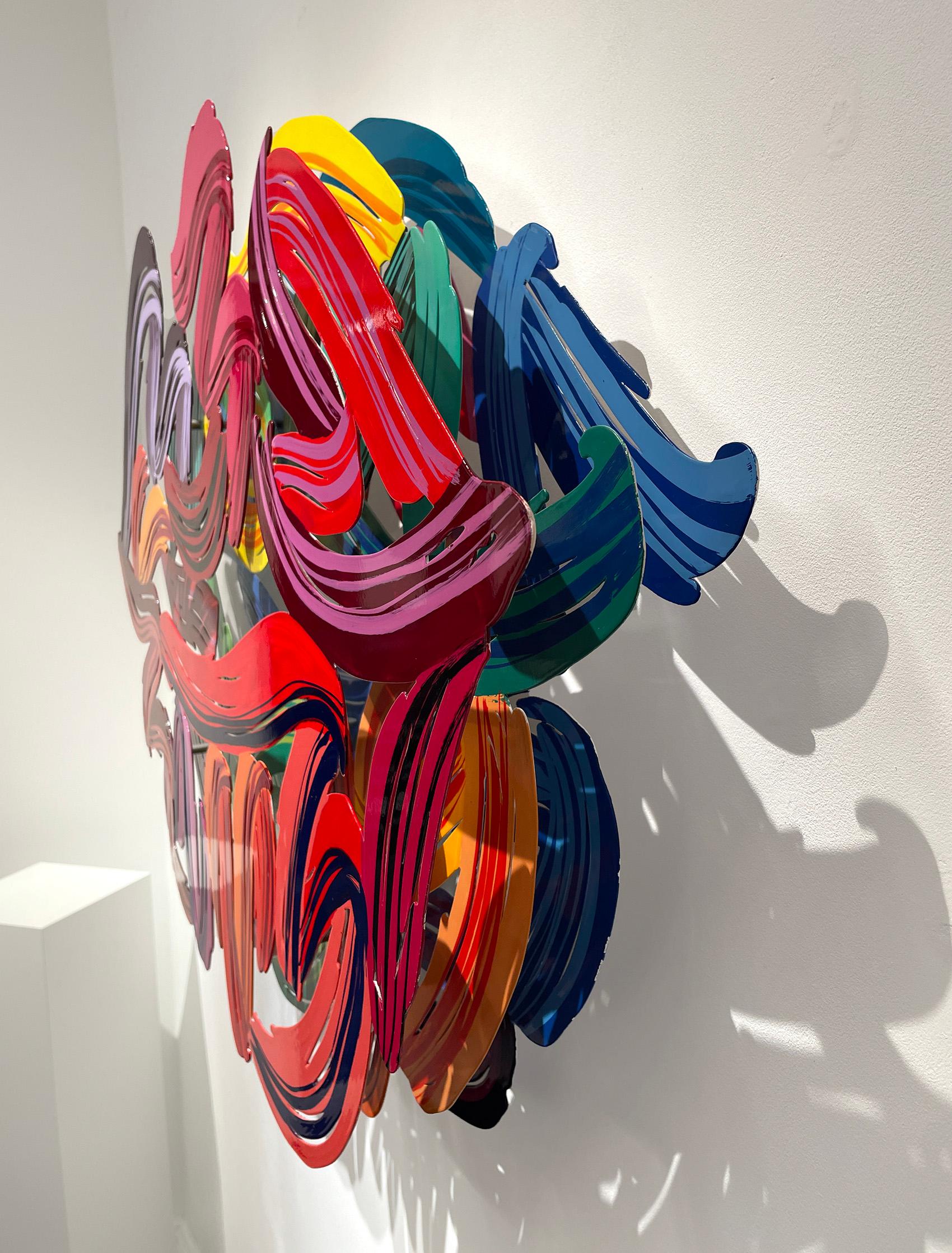 3D-Wandskulptur von David Gerstein, aufgebaut aus 3 aufeinanderfolgenden Schichten
Sie ist aus ausgeschnittenem Stahl gefertigt und vom Künstler mit großartigen Bewegungs- und Farbkombinationen bemalt.
Es handelt sich um ein ikonisches Werk des