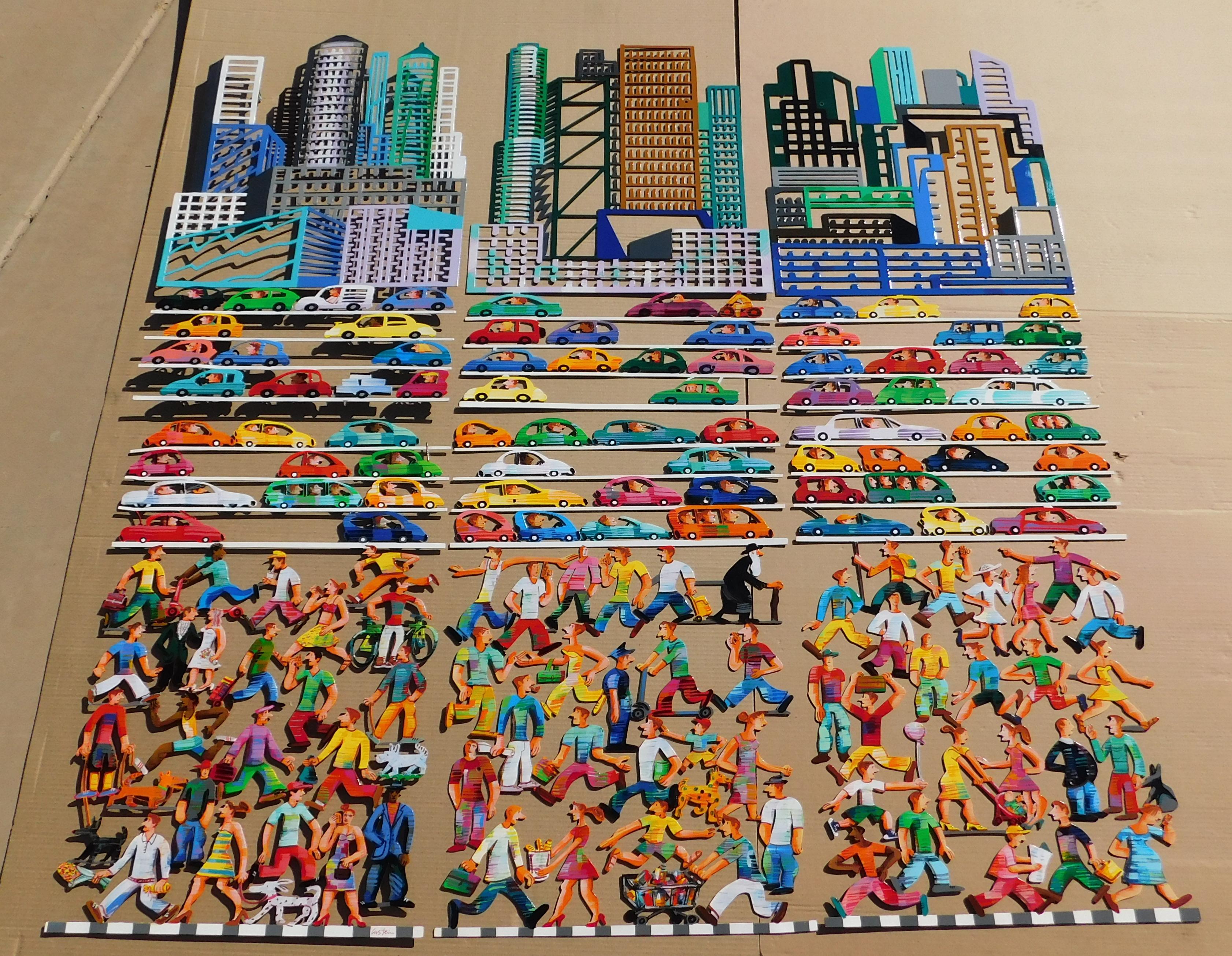 David Gerstein Figurative Sculpture - Megalopolis - Laser-Cut Aluminum Wall Sculpture