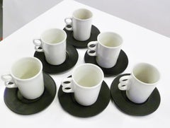 David Gil Bennington Potters Vermont Set 6 White Trigger Mugs 6 Black Saucers