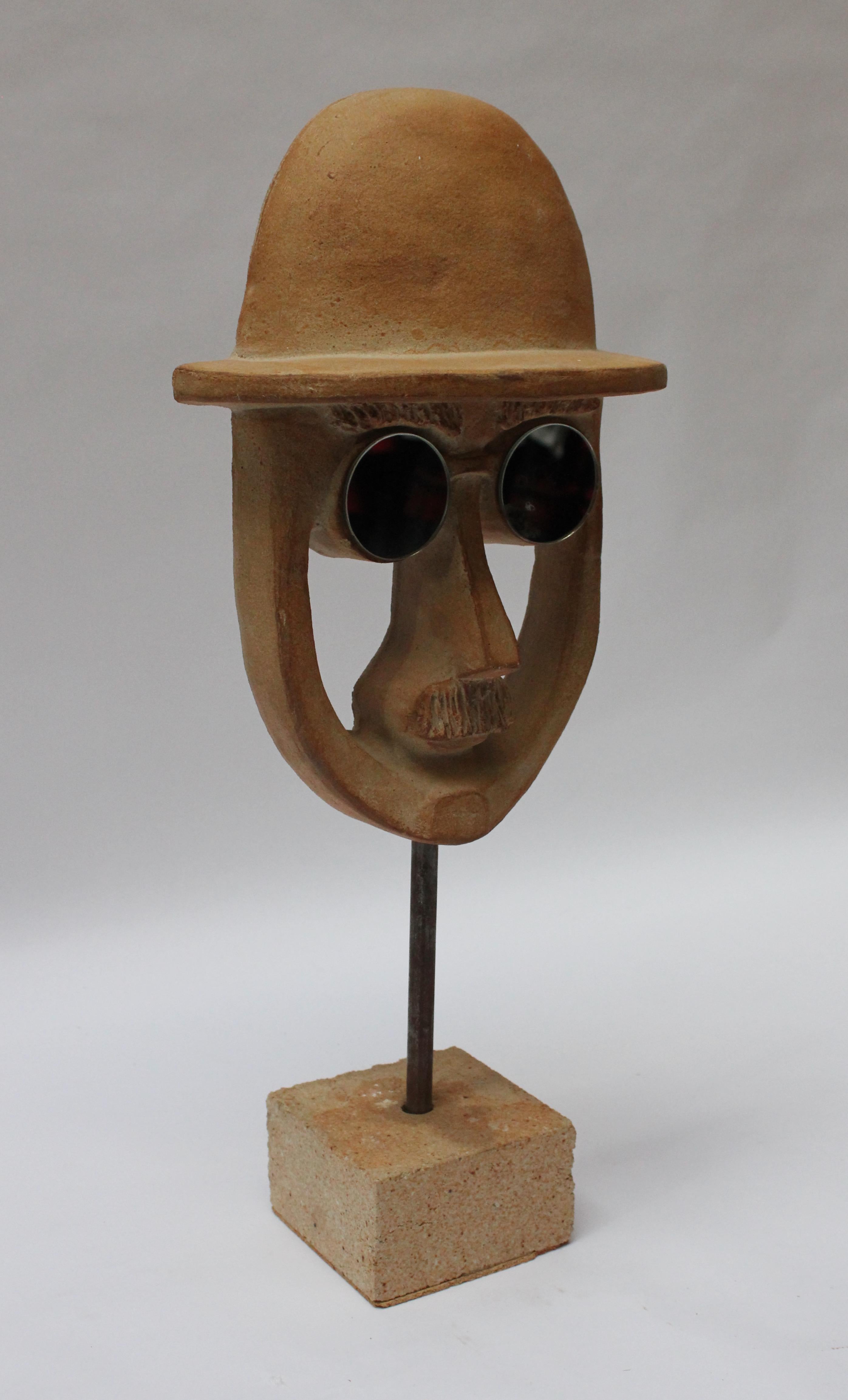 Mid-Century Modern David Gil for Bennington Potters Man's Face Ceramic Sculpture on Base For Sale