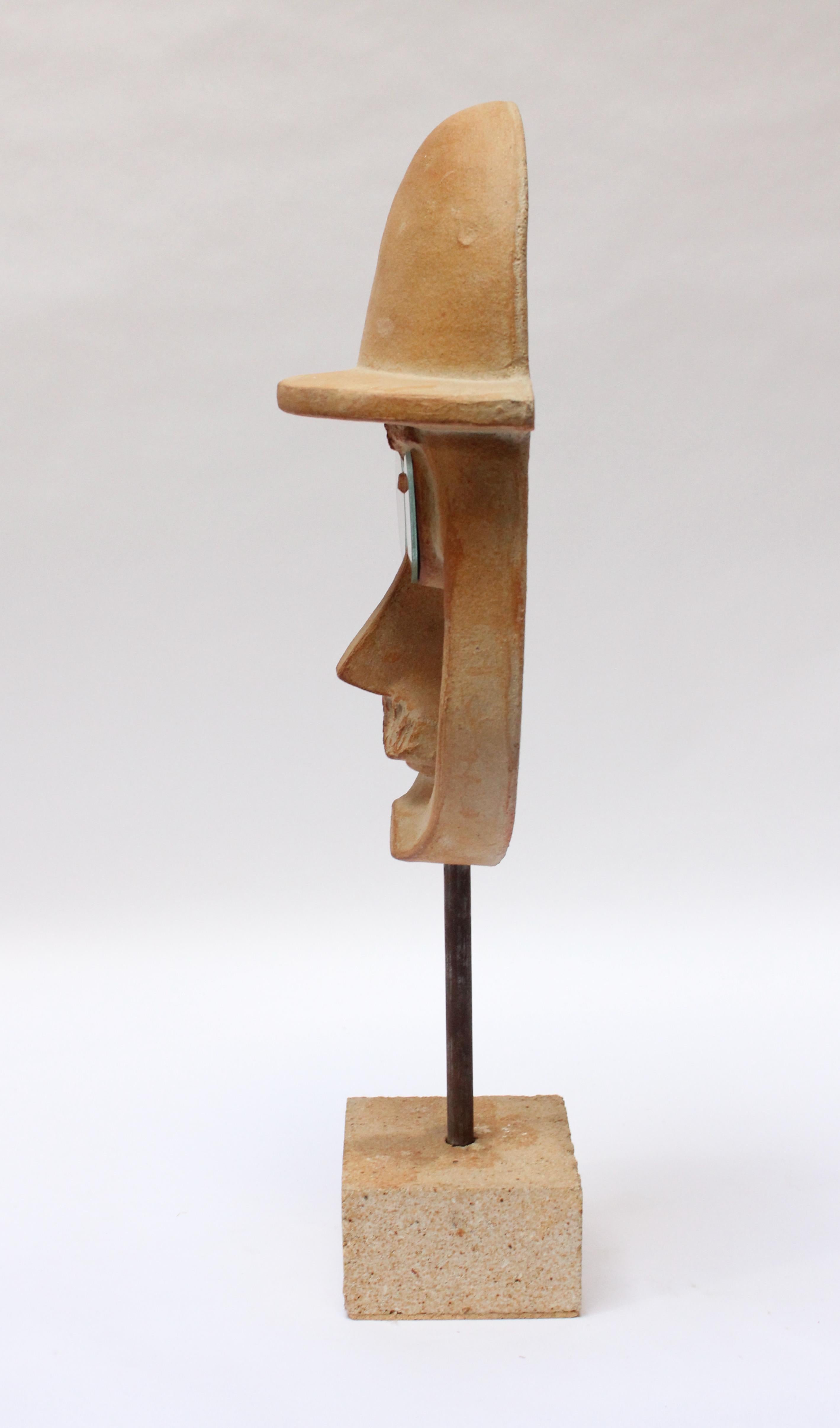 American David Gil for Bennington Potters Man's Face Ceramic Sculpture on Base For Sale