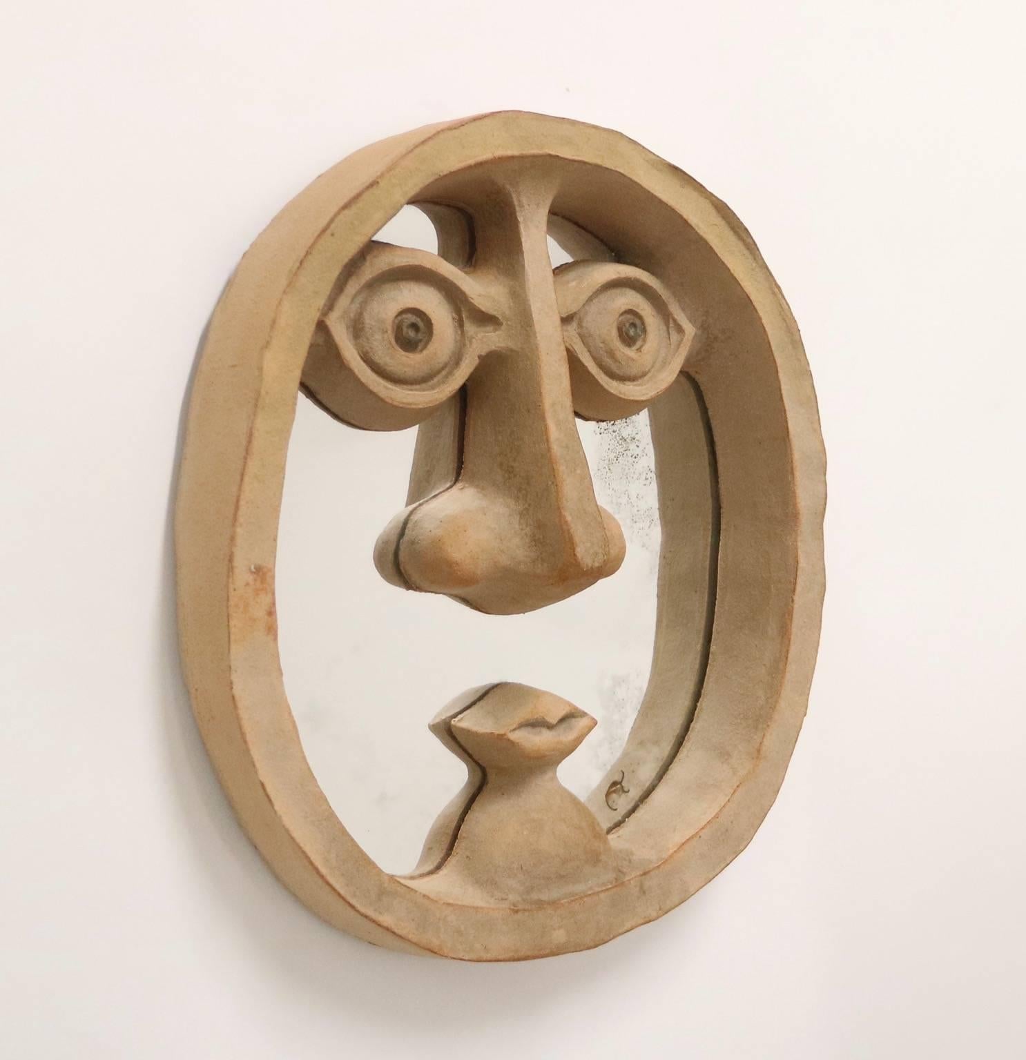 Mid-Century Modern David Gil for Bennington Pottery Mirror in Shape of Face with Unglazed Ceramic