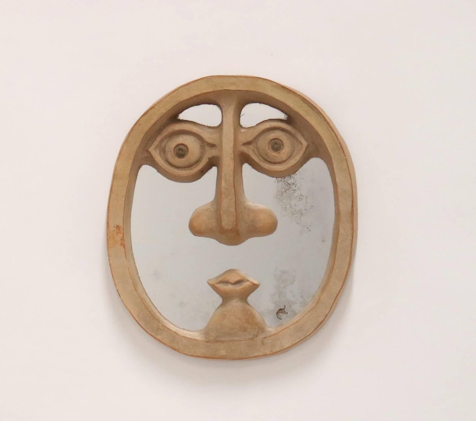 American David Gil for Bennington Pottery Mirror in Shape of Face with Unglazed Ceramic