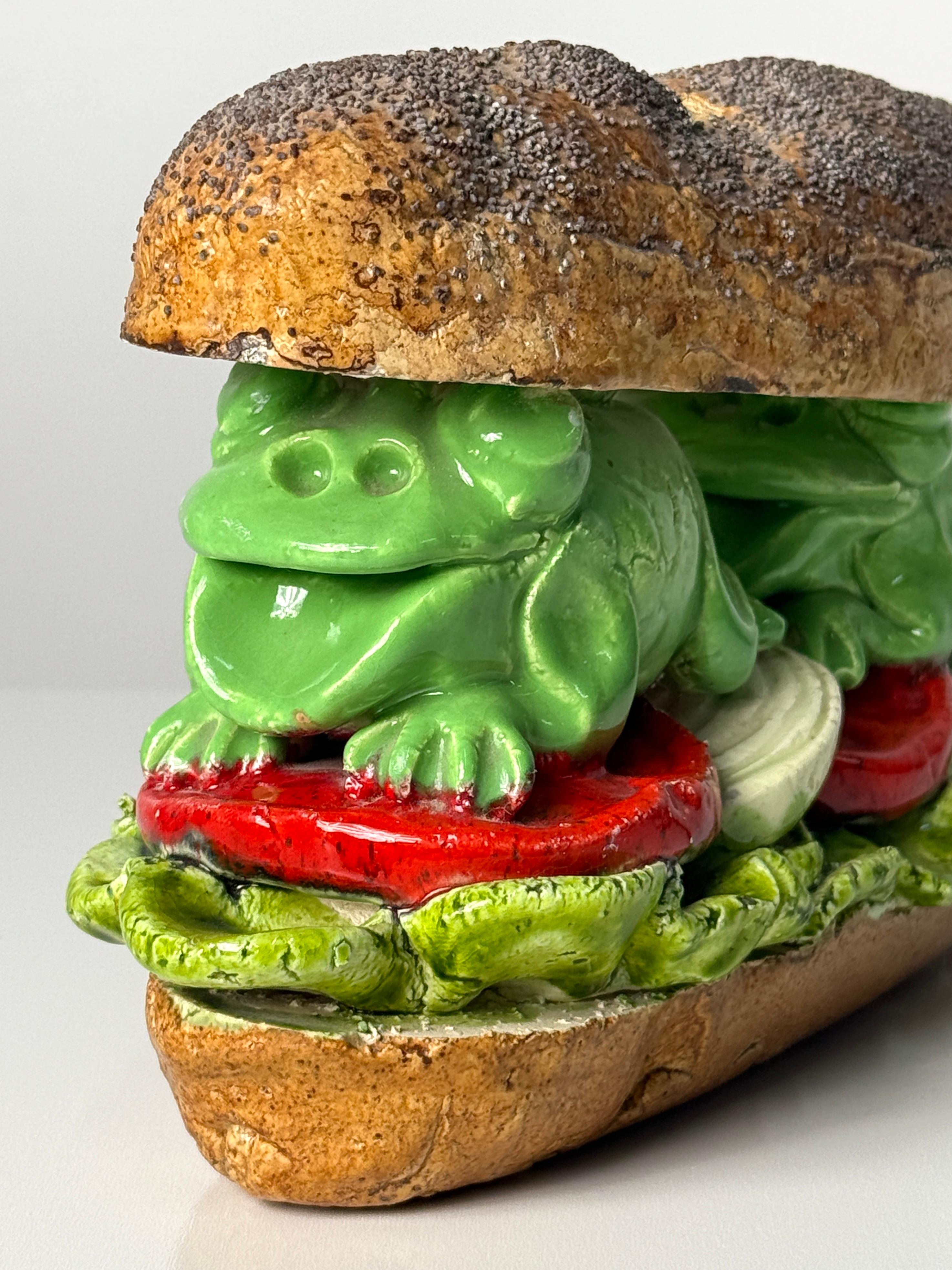 American David Gilhooly Ceramic Frog Sandwich Sculpture Funk Movement Pottery Signed 1983 For Sale