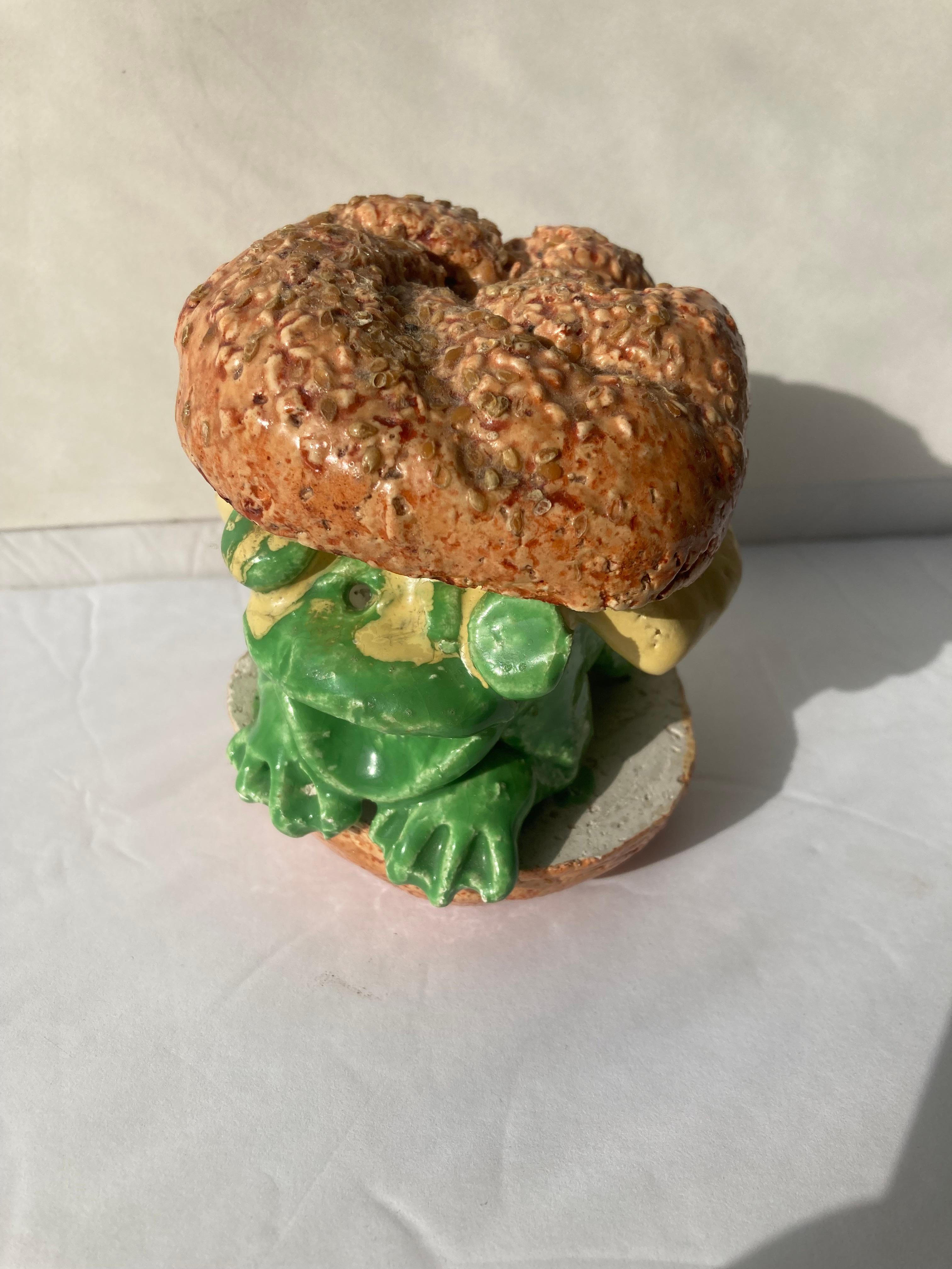 Hand-Crafted David Gilhooly Cheeseburger Frog, Ceramic/Pottery Sculpture, Funk Movement For Sale