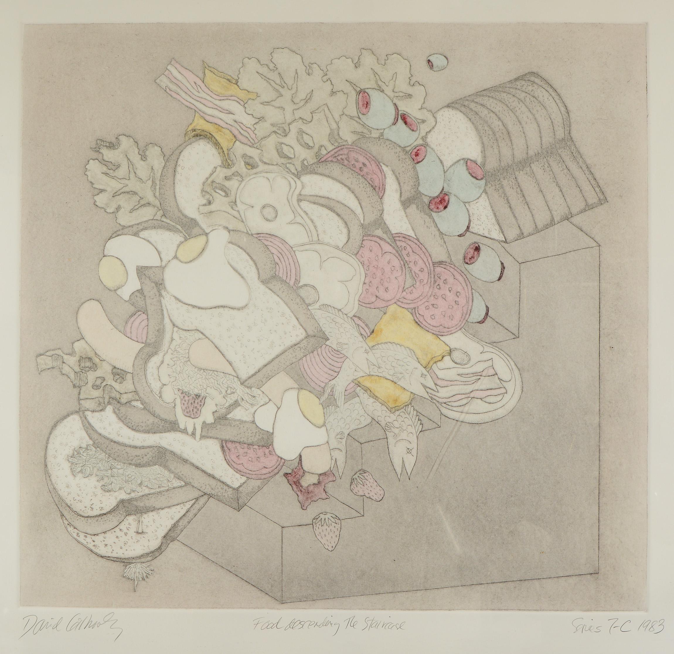 Hand colored print titled Food Descending the Staircase by David Gilhooly (1943-2013). The print is dated 1983 and was published by 3EP Ltd. This was probably framed at the time the print was made. It has not been examined out of the frame. Print