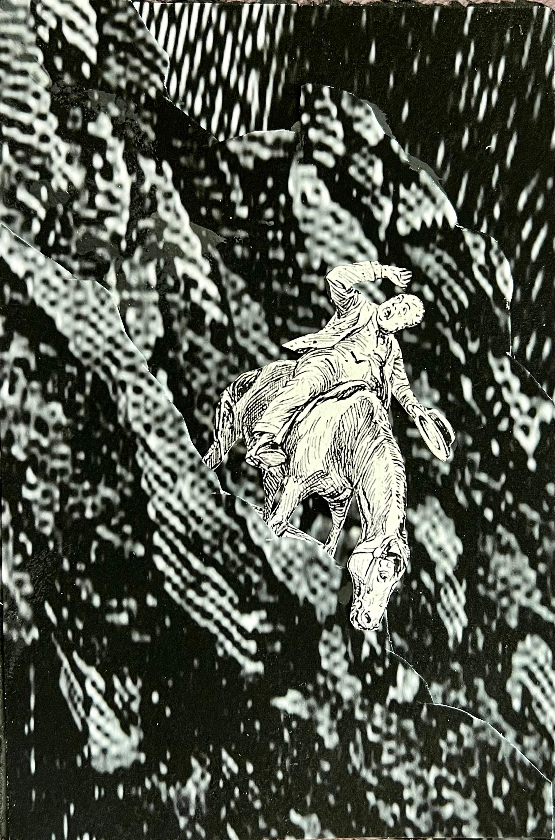 DAVID JAMES GILHOOLY (américain, 1943-2013), 
Collage mixte
6 x 4 pouces,  
Signé à la main et daté au verso
intitulé : "De nombreux titres frivoles me viennent à l'esprit"
Un homme à cheval, un homme et un cheval.
assemblage de papier cartonné