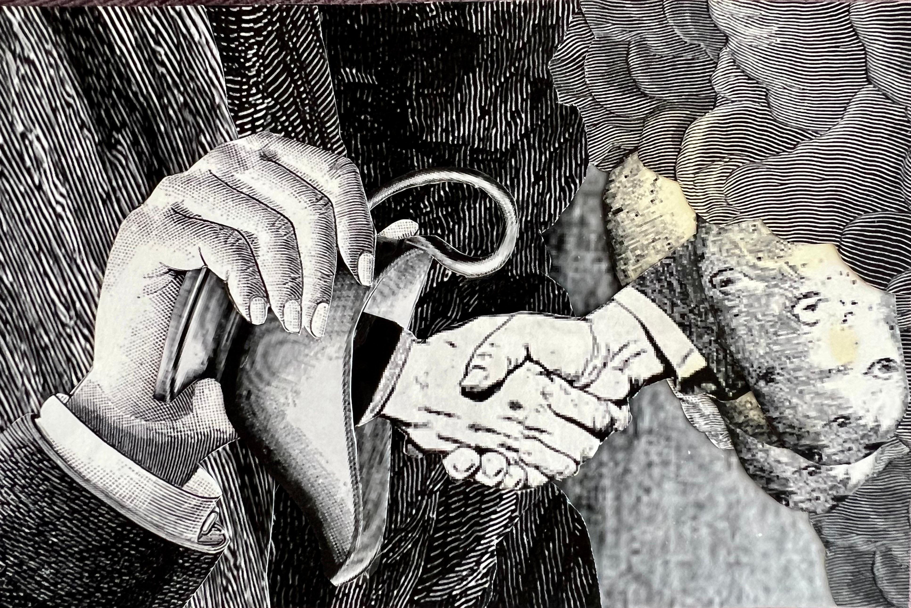 DAVID JAMES GILHOOLY (américain, 1943-2013), 
Collage mixte
6 x 4 pouces,  
Signé à la main et daté au verso
titre : "un mariage fait au paradis, des pommes de terre et de la sauce"
Une poignée de main, une saucière en argent et des pommes de terre