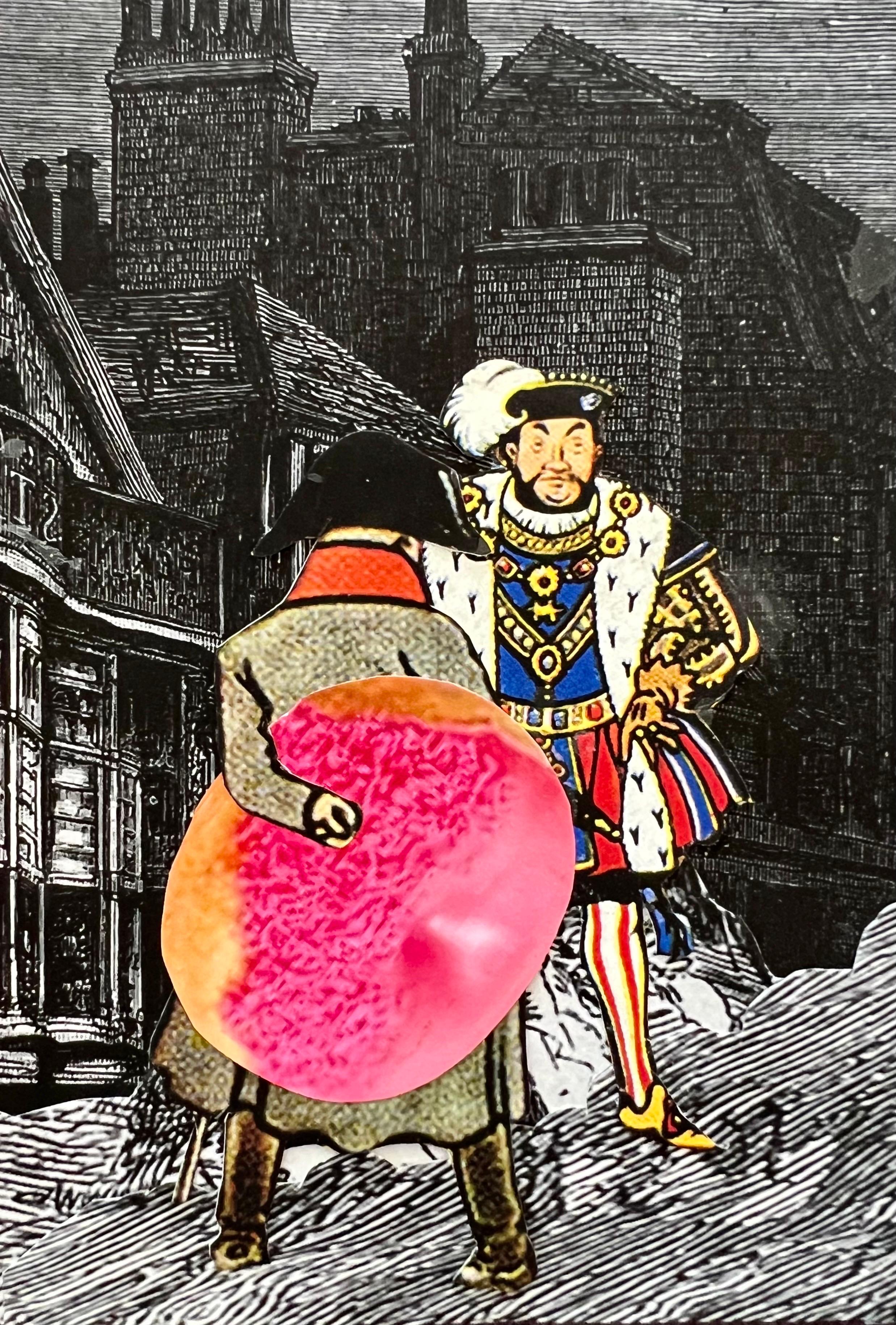 DAVID JAMES GILHOOLY (American, 1943-2013), 
Mixed media collage
6 x 4 inches,  
Hand signed and dated verso
Napoleon from the back, with King Henry VIII holding a pastry. 
titled: 