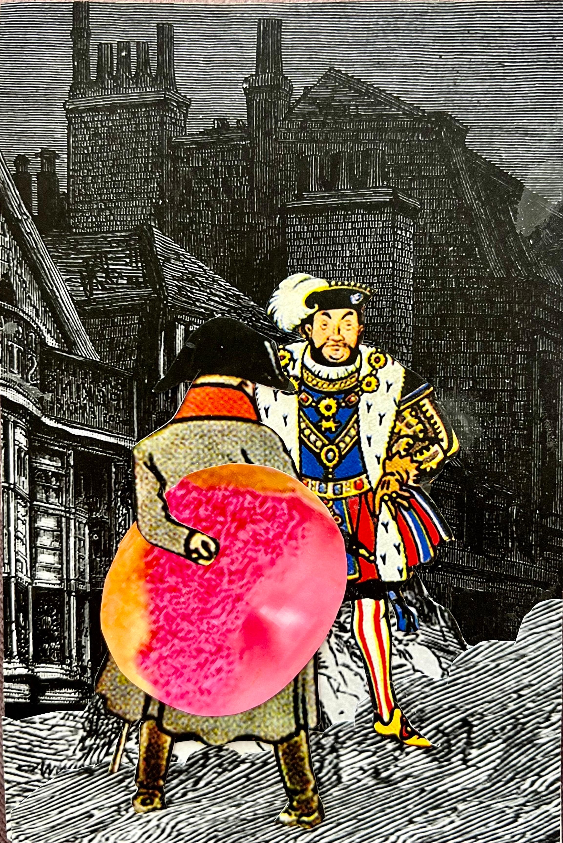 DAVID JAMES GILHOOLY (Amerikaner, 1943-2013), 
Gemischte Mediencollage
6 x 4 Zoll,  
Verso handsigniert und datiert
Napoleon von hinten, mit König Heinrich VIII., der ein Gebäck hält. 
mit dem Titel: "England kann nicht von ein paar französischen