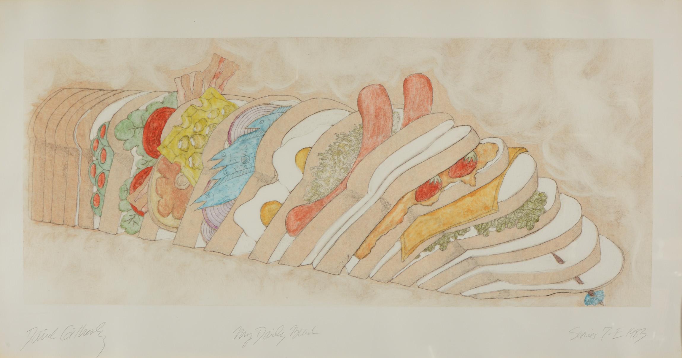 Hand colored print titled My Daily Bread by David Gilhooly (1943-2013). The print is dated 1983 and was published by 3EP Ltd. This was probably framed at the time the print was made. It has not been examined out of the frame. There is a small spot