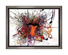 Grande peinture acrylique abstraite à cœurs modernes signée à la main de David Gilhooly