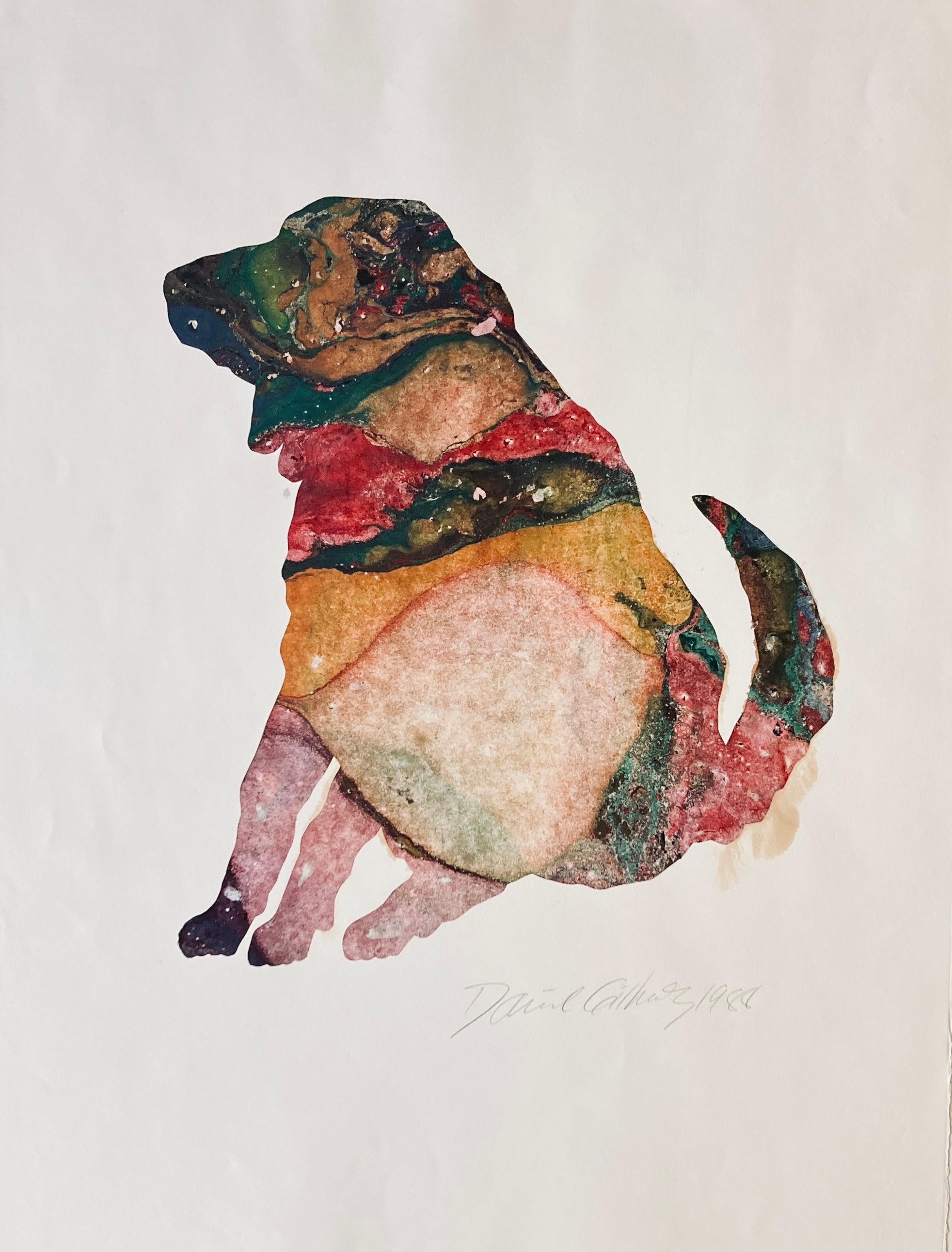 David Gilhooly (1943-2013)
Agate Dog, 1988
Tiled in pencil on the verso
Monotype on BFK Rives Paper
Signed and dated in pencil, lower right
Unframed: 30in H x 22 in L
The monoprint is a form of printmaking where the image can only be made once,