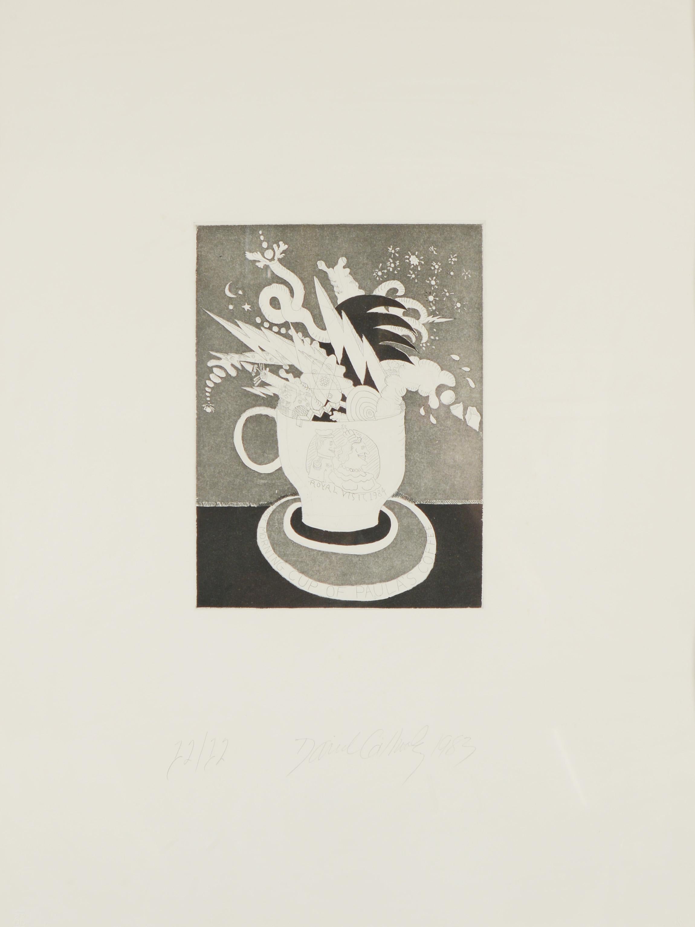 Print titled The First Morning Cup of Paula's Coffee by David Gilhooly (1943-2013). The print is dated 1983 and is numbered 12 / 12. This was published by 3EP Ltd. This was probably framed at the time the print was made. It has not been examined out
