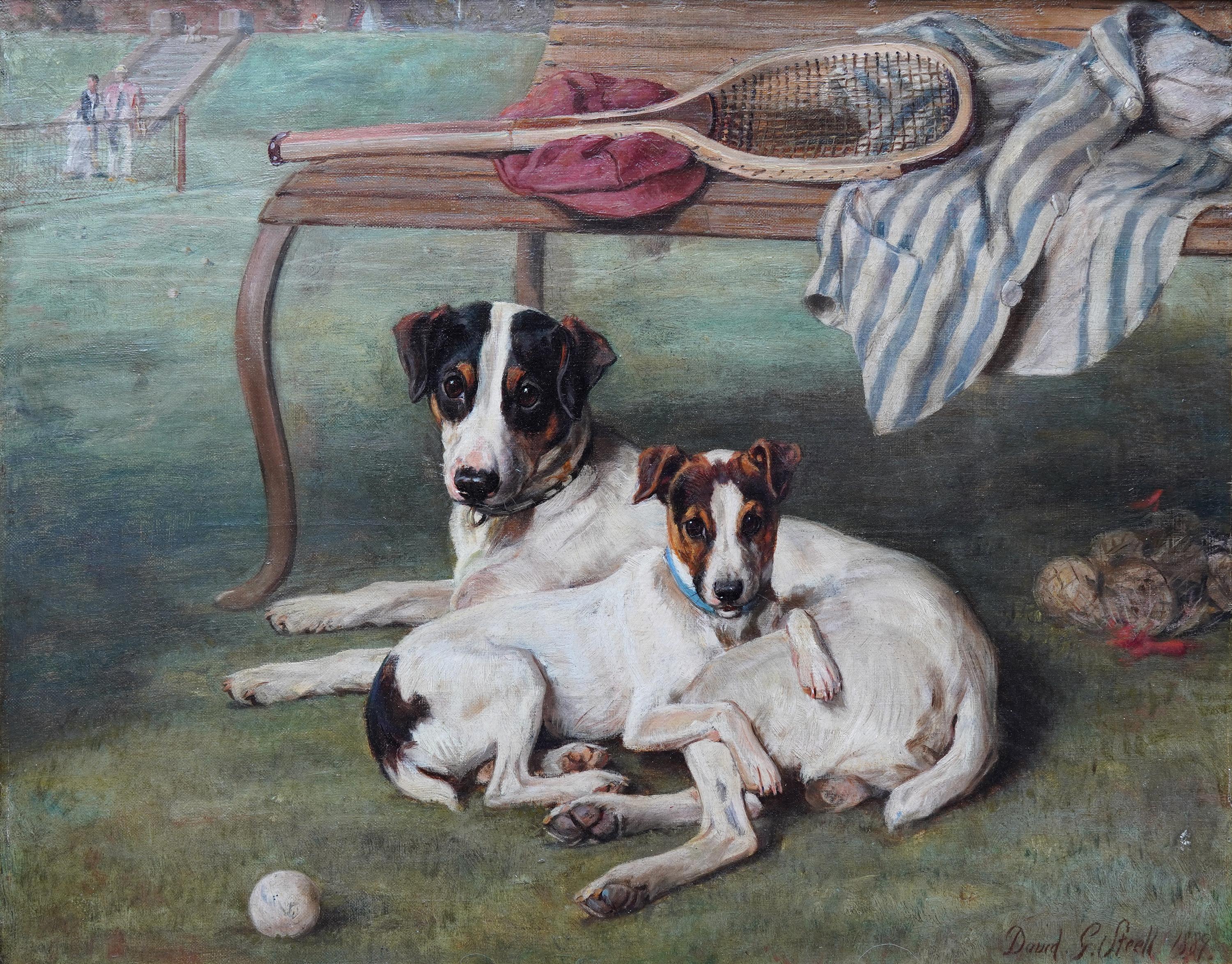 Portrait of Tennis Dogs  Scottish Victorian animal art oil painting tennis match - Painting by David Gourlay Steell