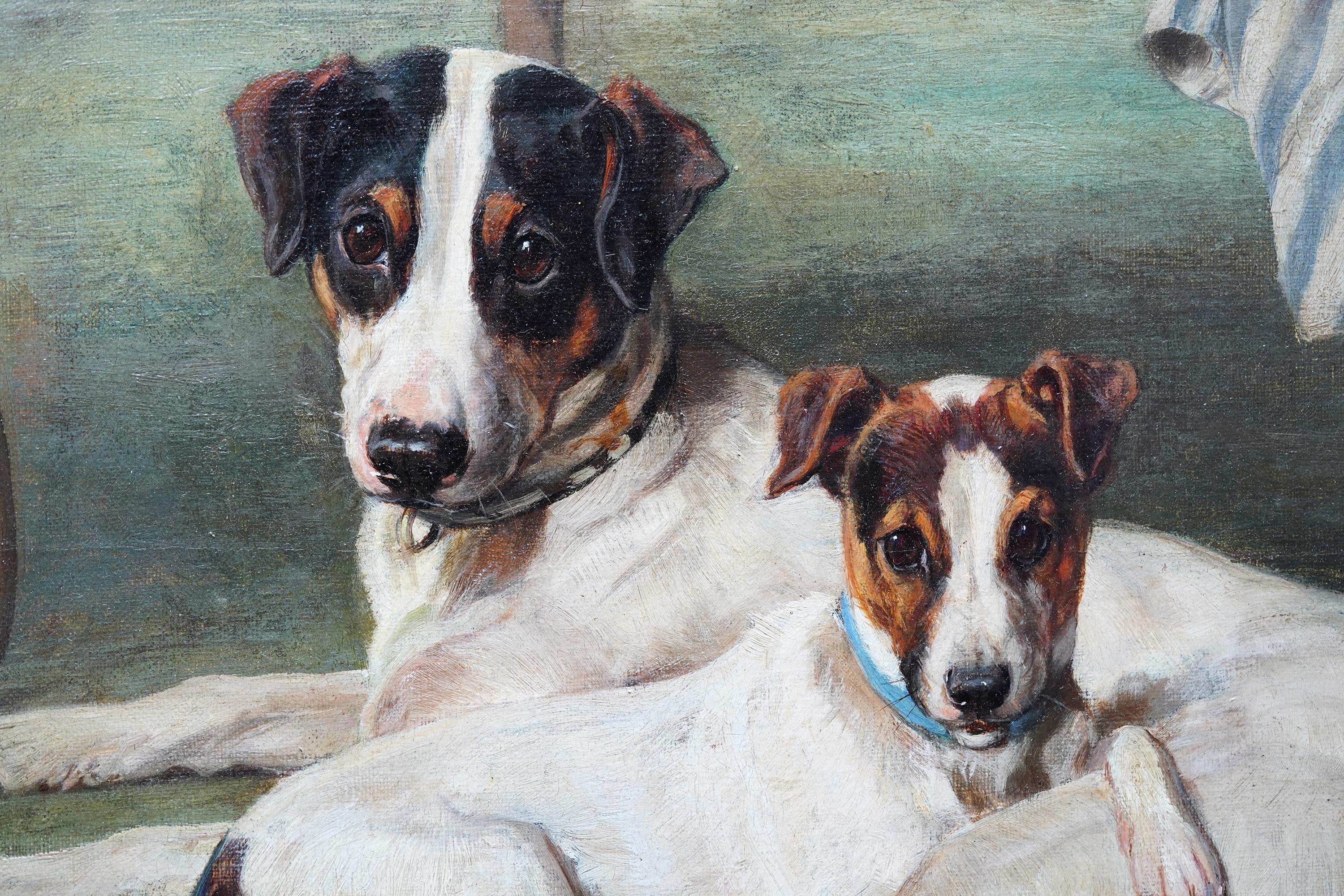 This superb love match Victorian Scottish oil painting is by noted animal artist David Gourlay Steell. Painted in 1889,  the composition is two Terrier dogs in the foreground, sweetly snuggled up together under a bench with a tennis racket and
