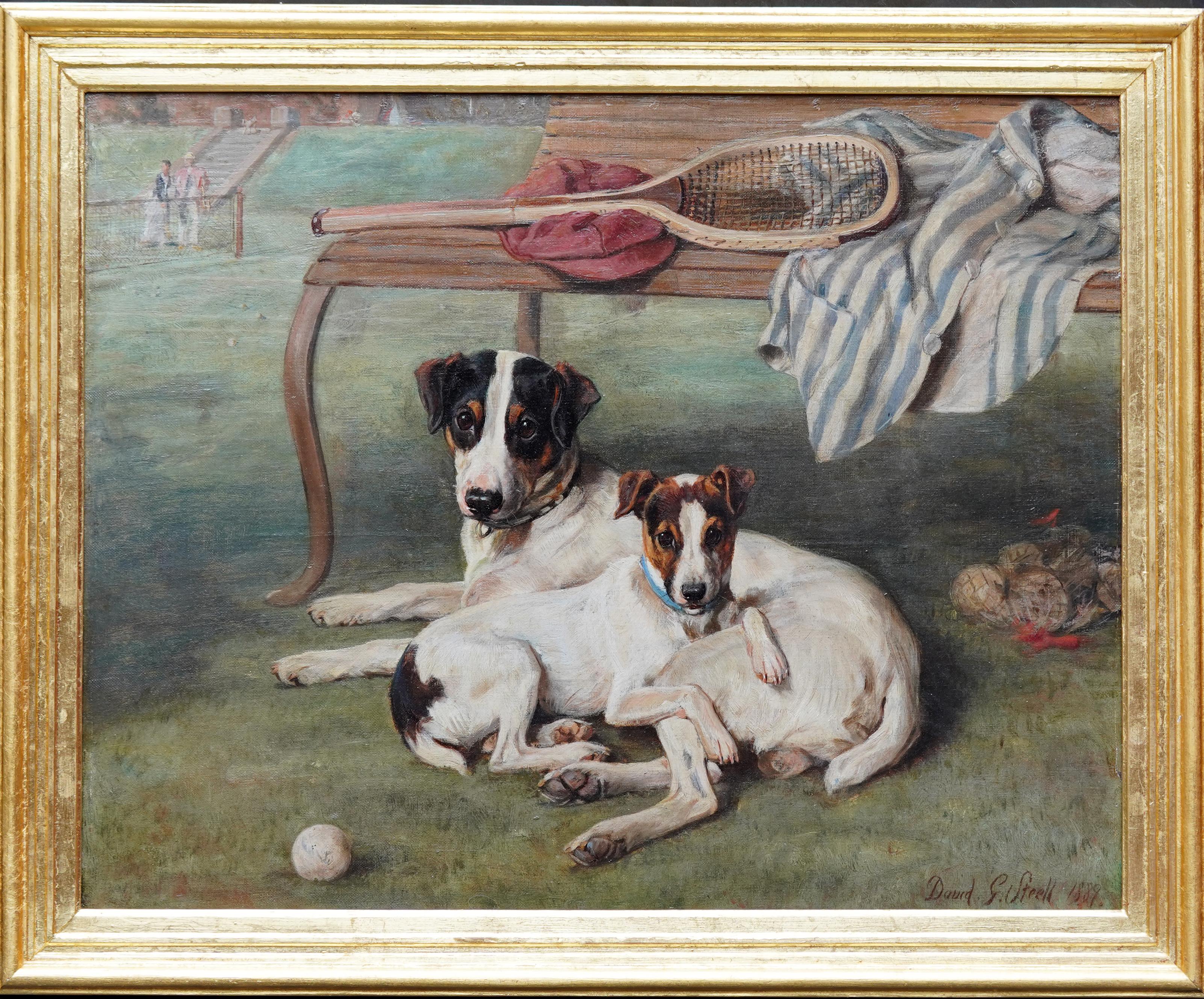 David Gourlay Steell Animal Painting - Portrait of Tennis Dogs  Scottish Victorian animal art oil painting tennis match