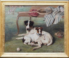 Antique Portrait of Tennis Dogs  Scottish Victorian animal art oil painting tennis match