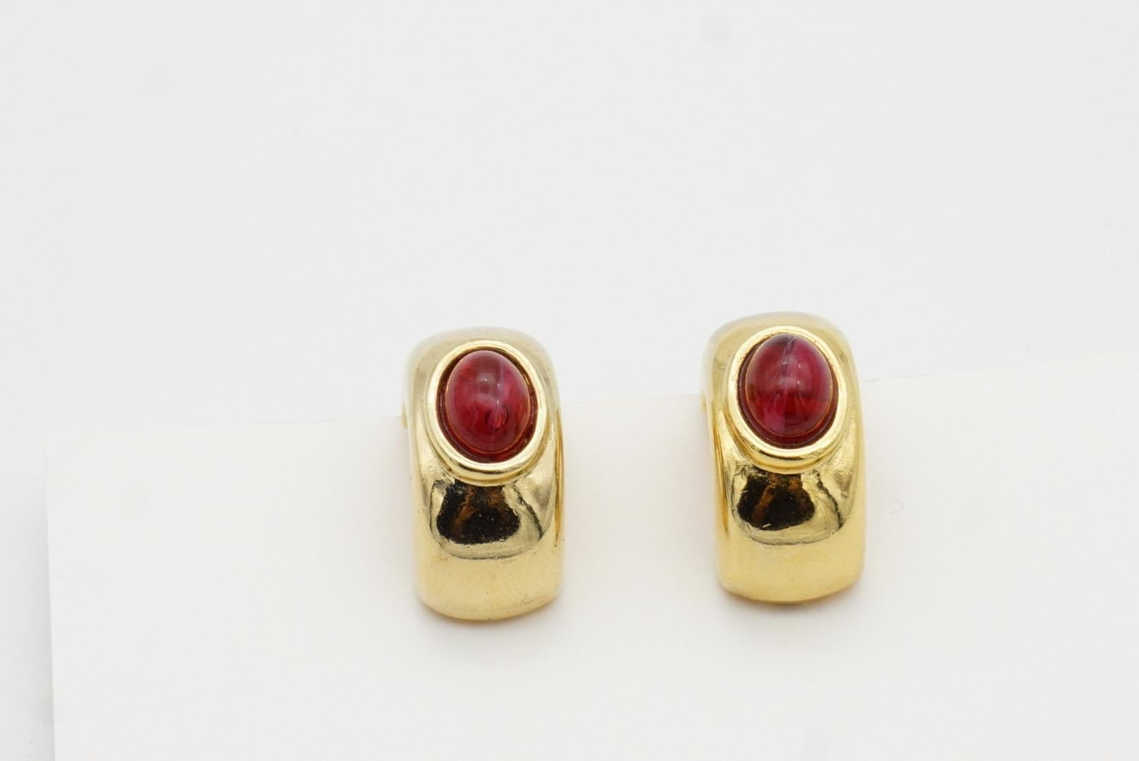 David Grau Vintage 1980s Oval Ruby Cabochon Crystal Hoop Dome Gold Clip Earrings For Sale 6